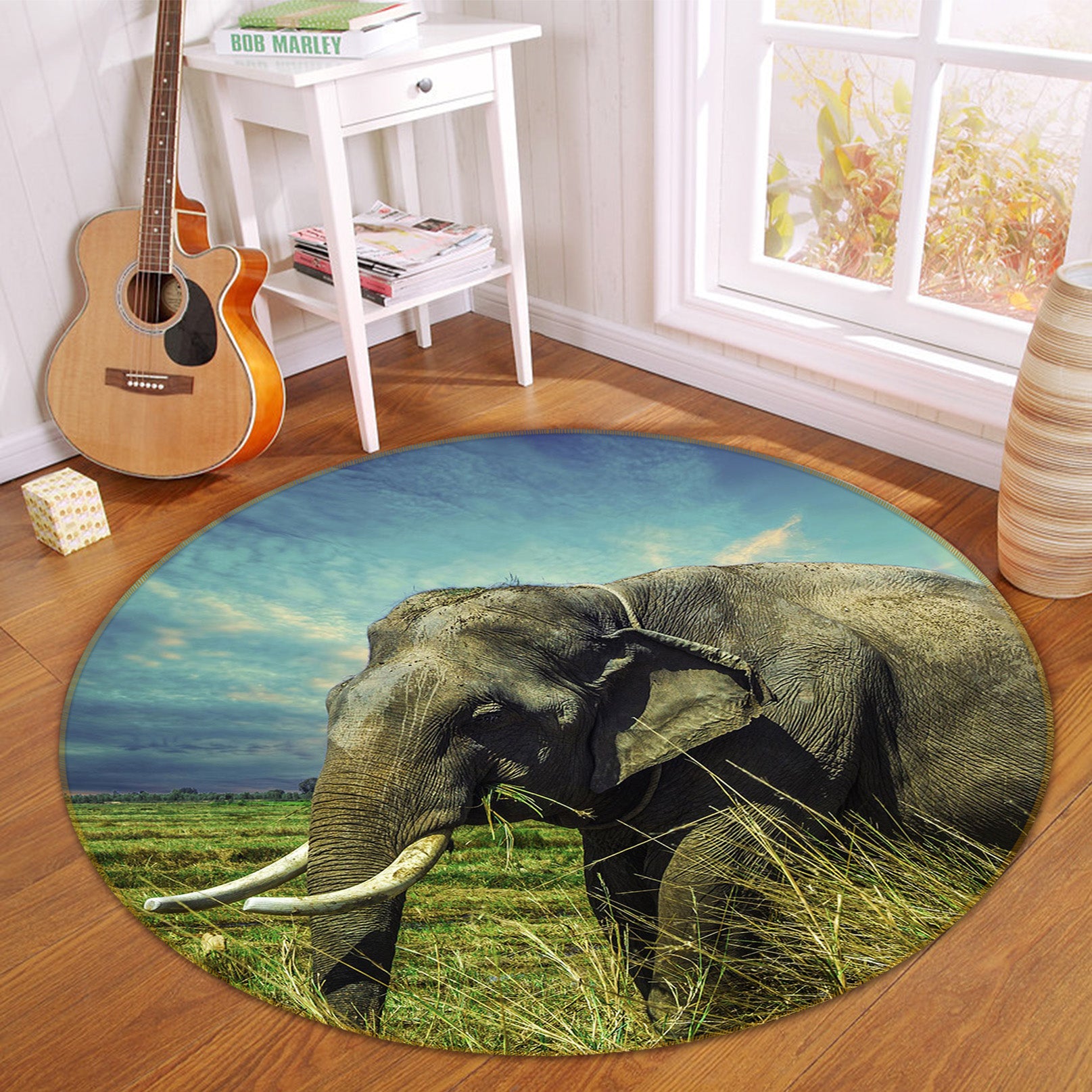 3D Elephant Grass 82213 Animal Round Non Slip Rug Mat