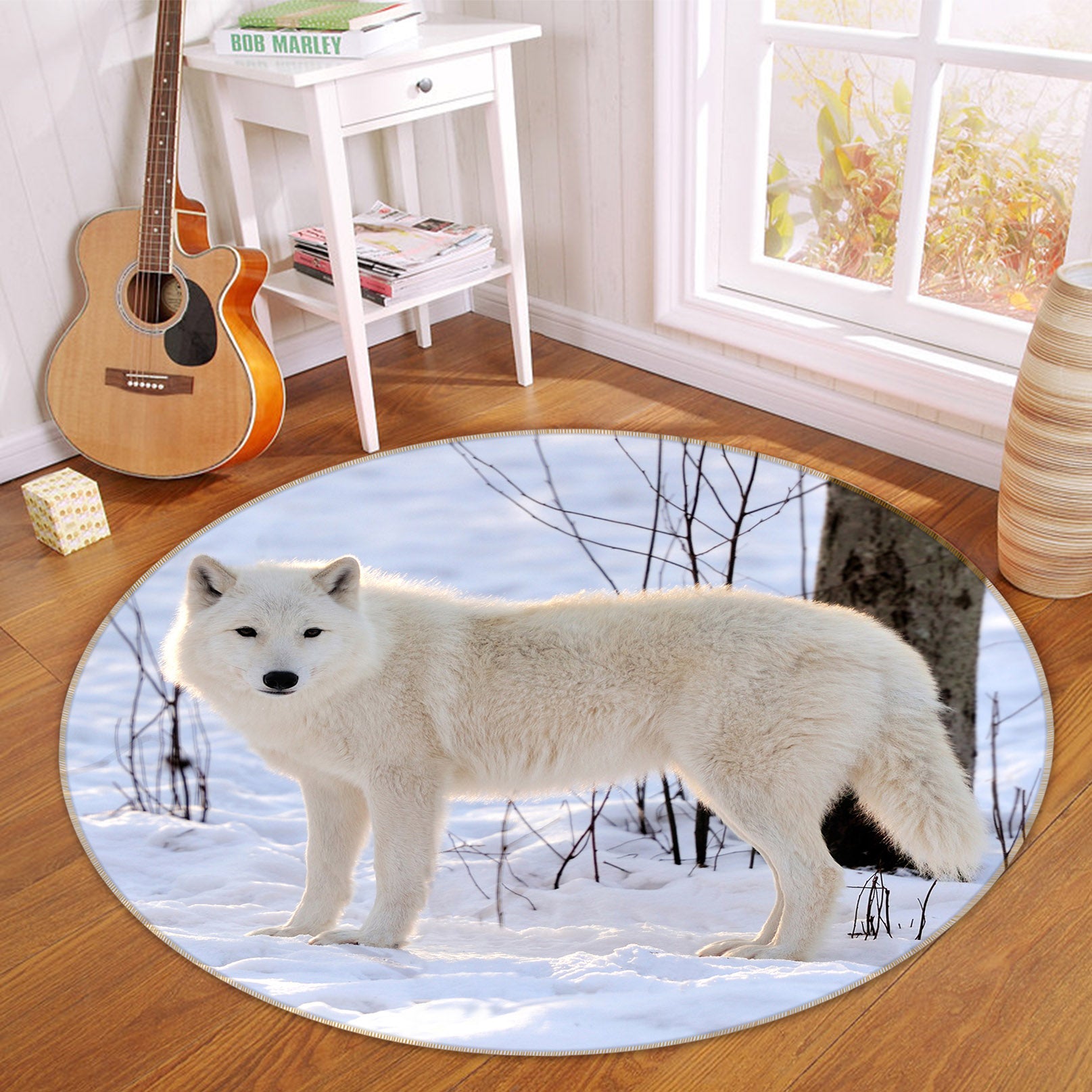 3D Snowfield White Wolf 38053 Animal Round Non Slip Rug Mat