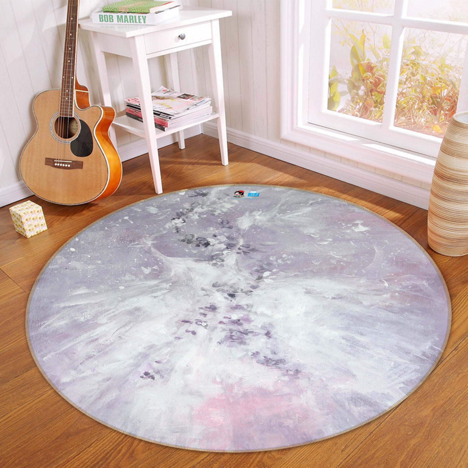 3D White Skirt Flower Vine 1097 Debi Coules Rug Round Non Slip Rug Mat