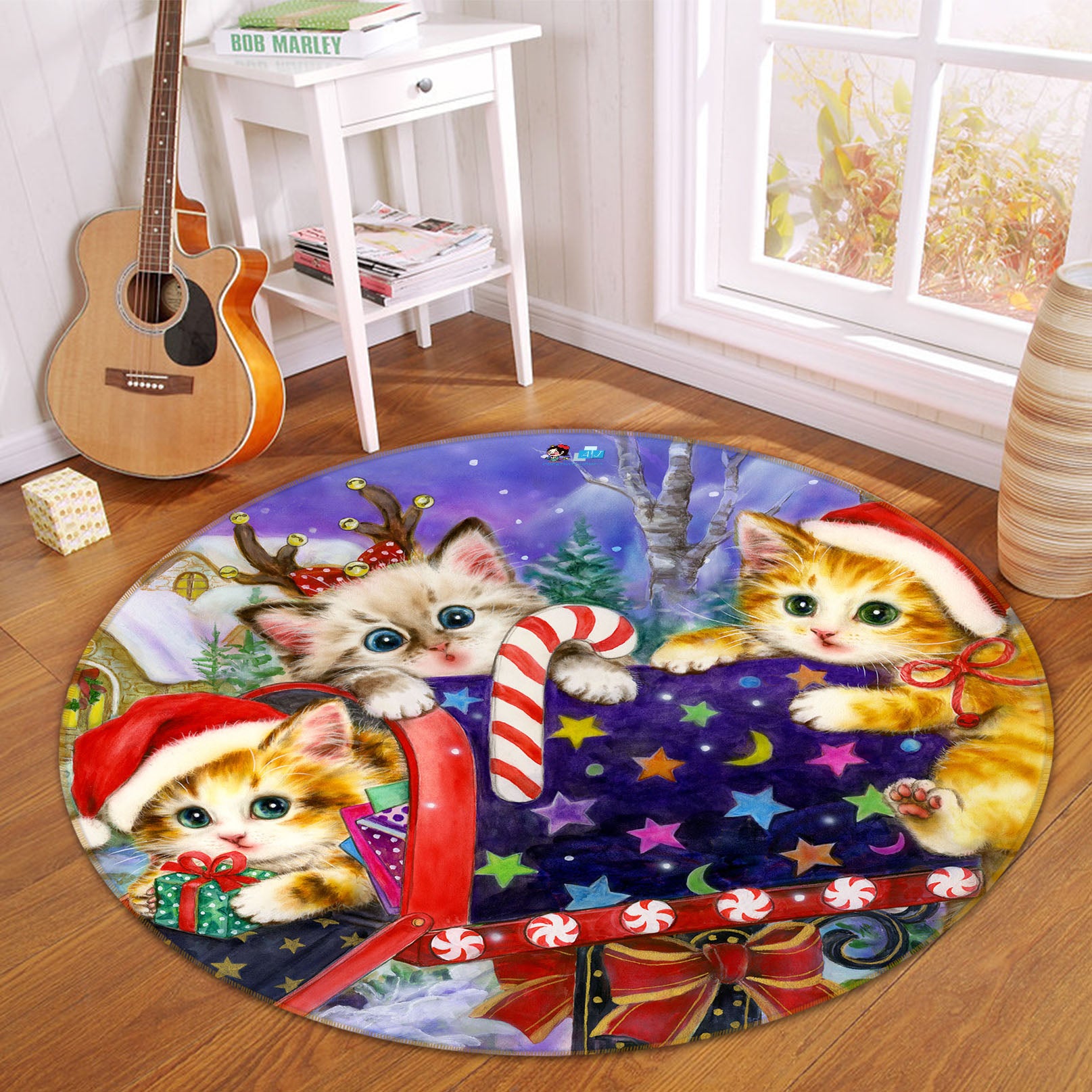 3D Christmas Cat 6019 Kayomi Harai Rug Round Non Slip Rug Mat