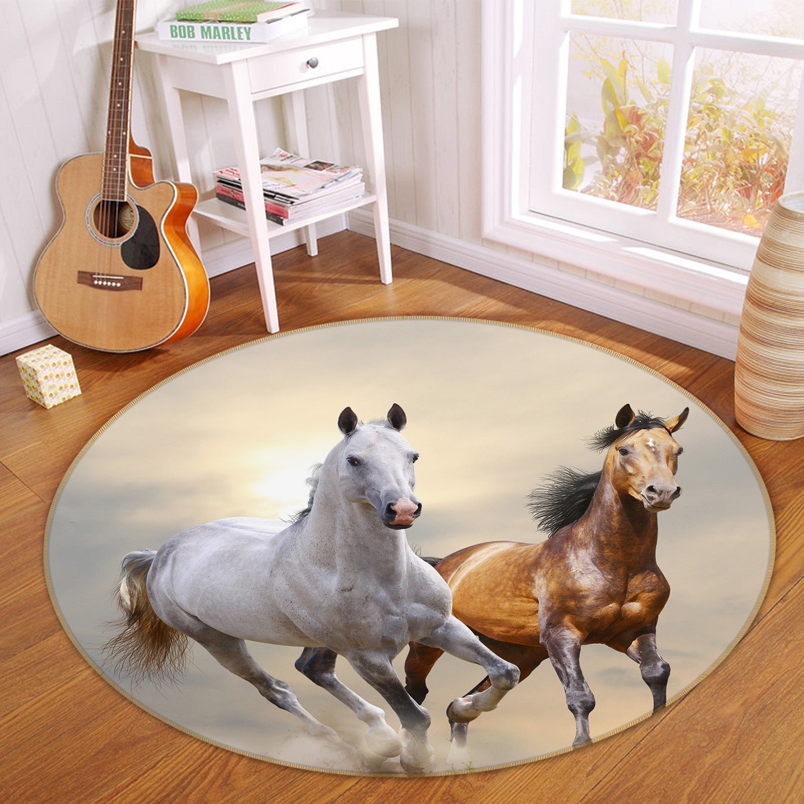 3D Running Horse 37184 Animal Round Non Slip Rug Mat