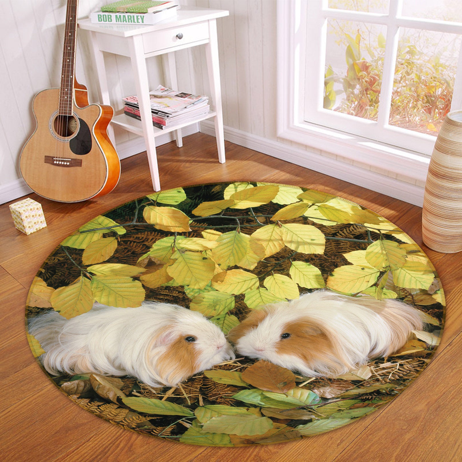 3D Guinea Pig Leaves 82009 Animal Round Non Slip Rug Mat