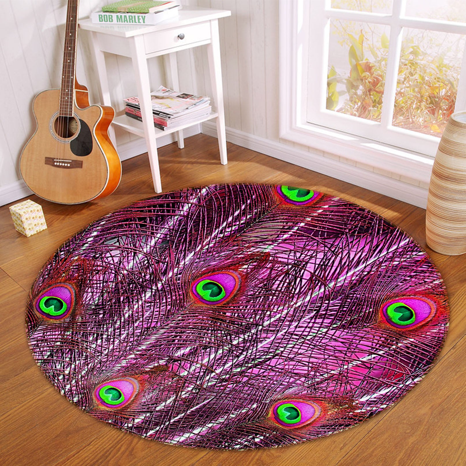 3D Red Peacock Feather 82026 Animal Round Non Slip Rug Mat