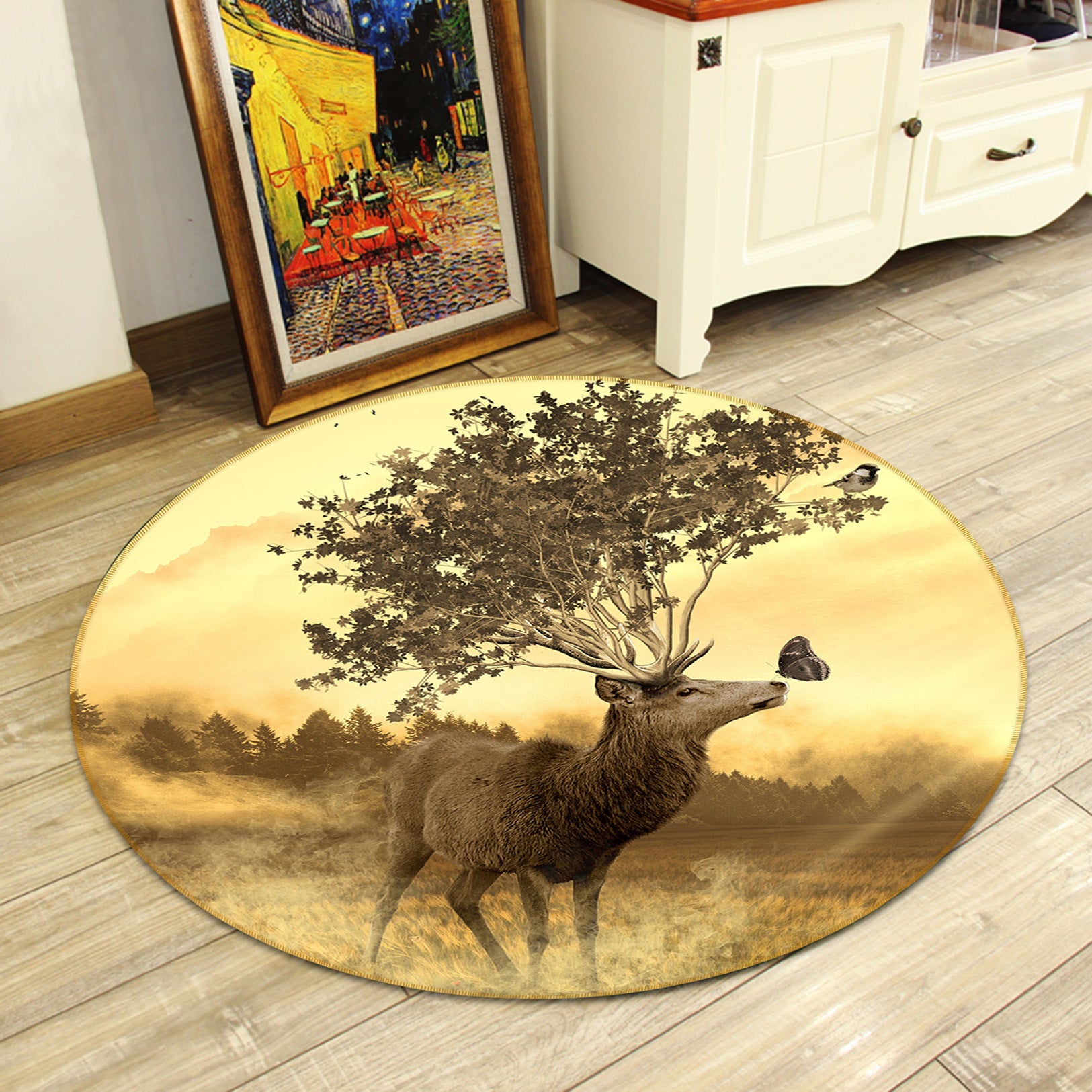 3D Trees Deer 82233 Animal Round Non Slip Rug Mat