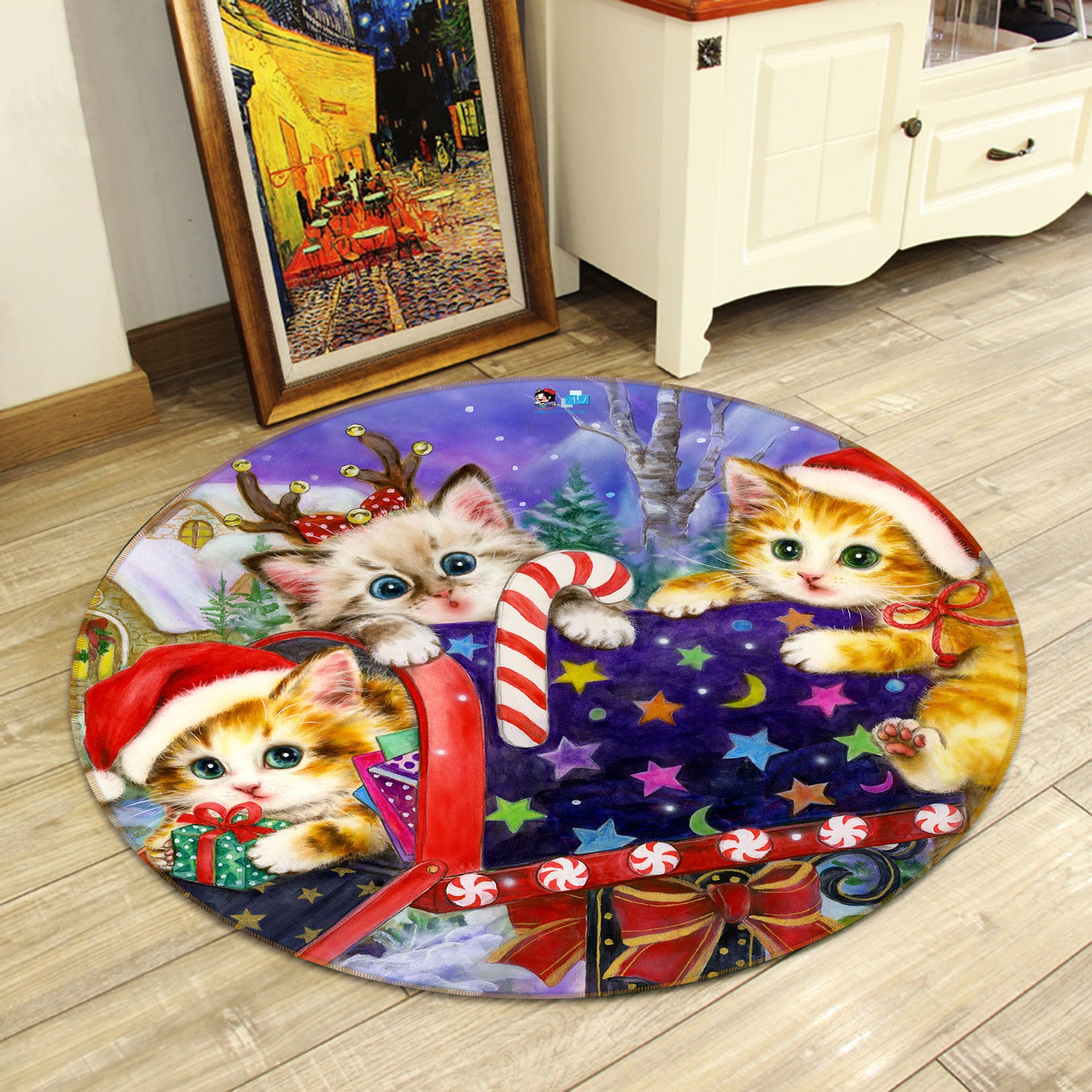 3D Christmas Cat 6019 Kayomi Harai Rug Round Non Slip Rug Mat