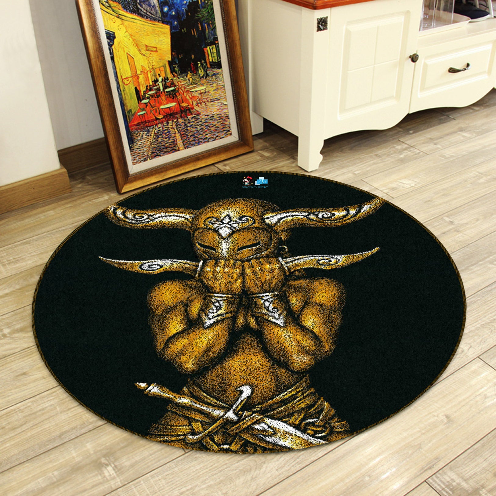 3D Metallic Horn Mask Man 6108 Ciruelo Rug Round Non Slip Rug Mat