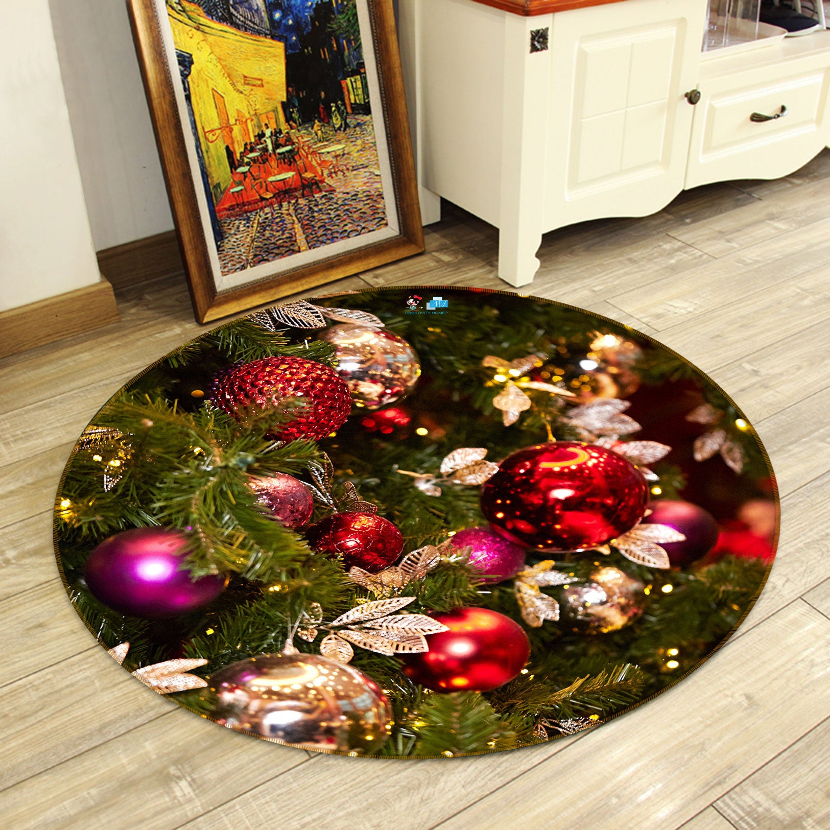 3D Red Ball Pendant 54064 Christmas Round Non Slip Rug Mat Xmas