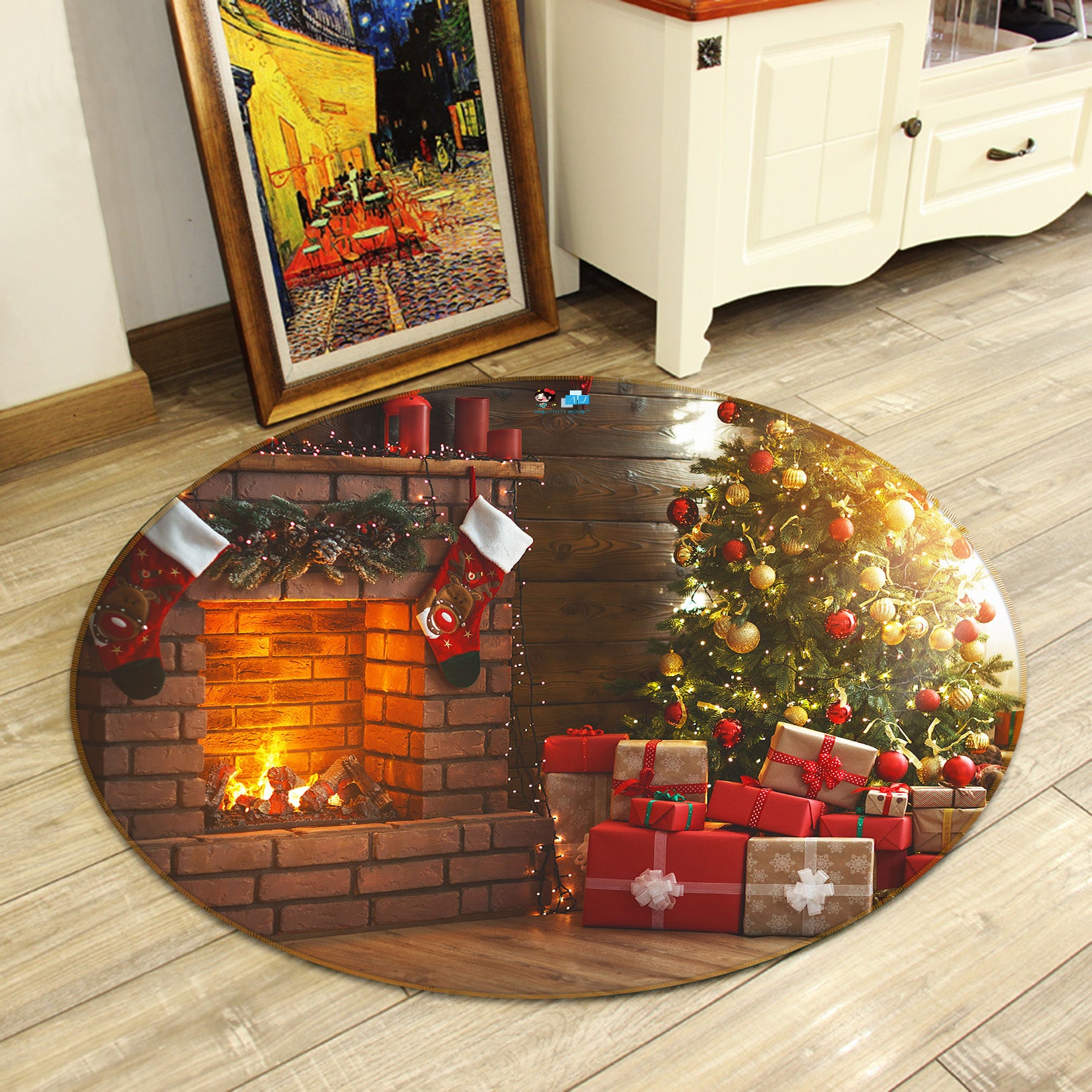 3D Fireplace Gift 54170 Christmas Round Non Slip Rug Mat Xmas