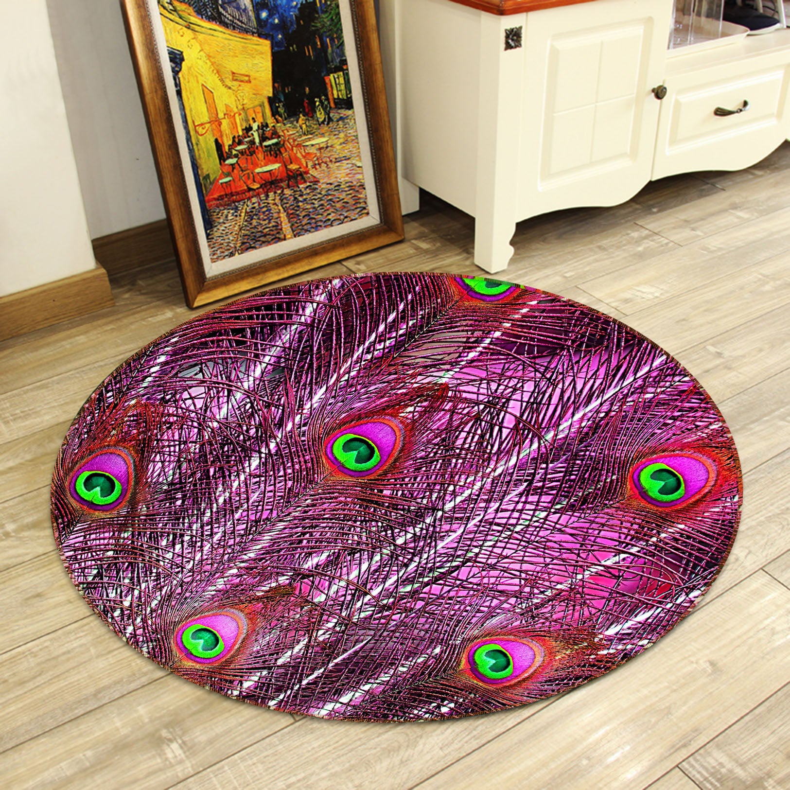 3D Red Peacock Feather 82026 Animal Round Non Slip Rug Mat