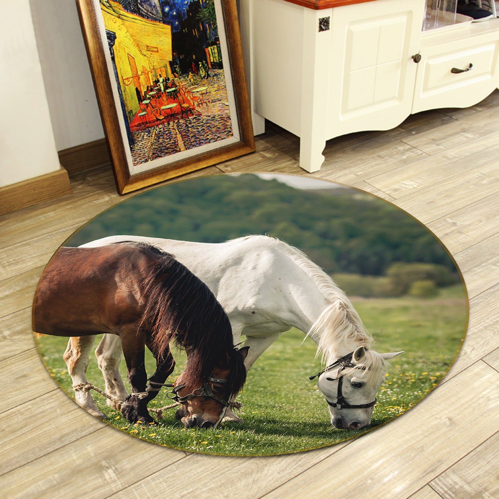 3D Horse Eating Grass 82220 Animal Round Non Slip Rug Mat