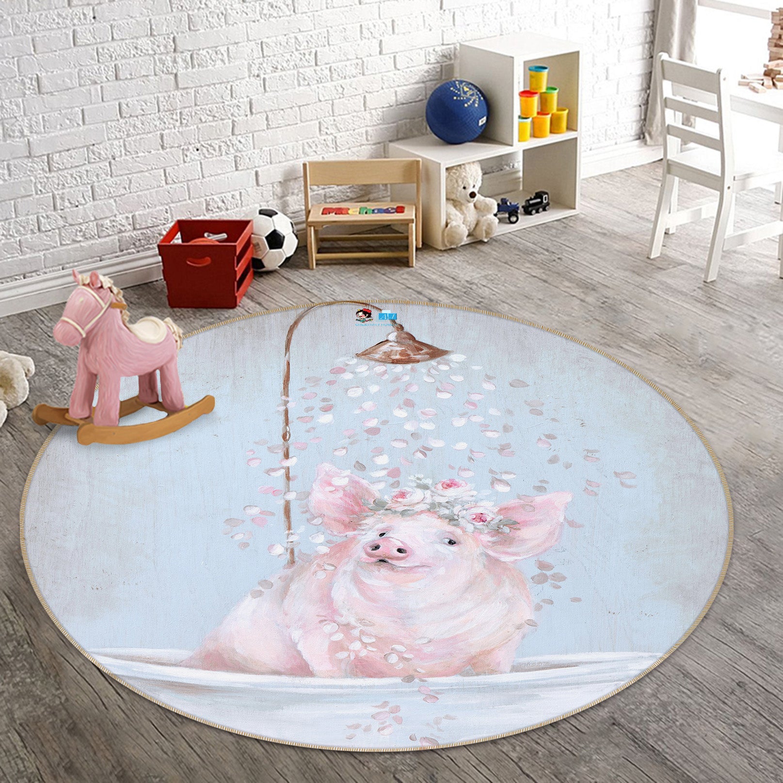 3D Shower Pig 1108 Debi Coules Rug Round Non Slip Rug Mat