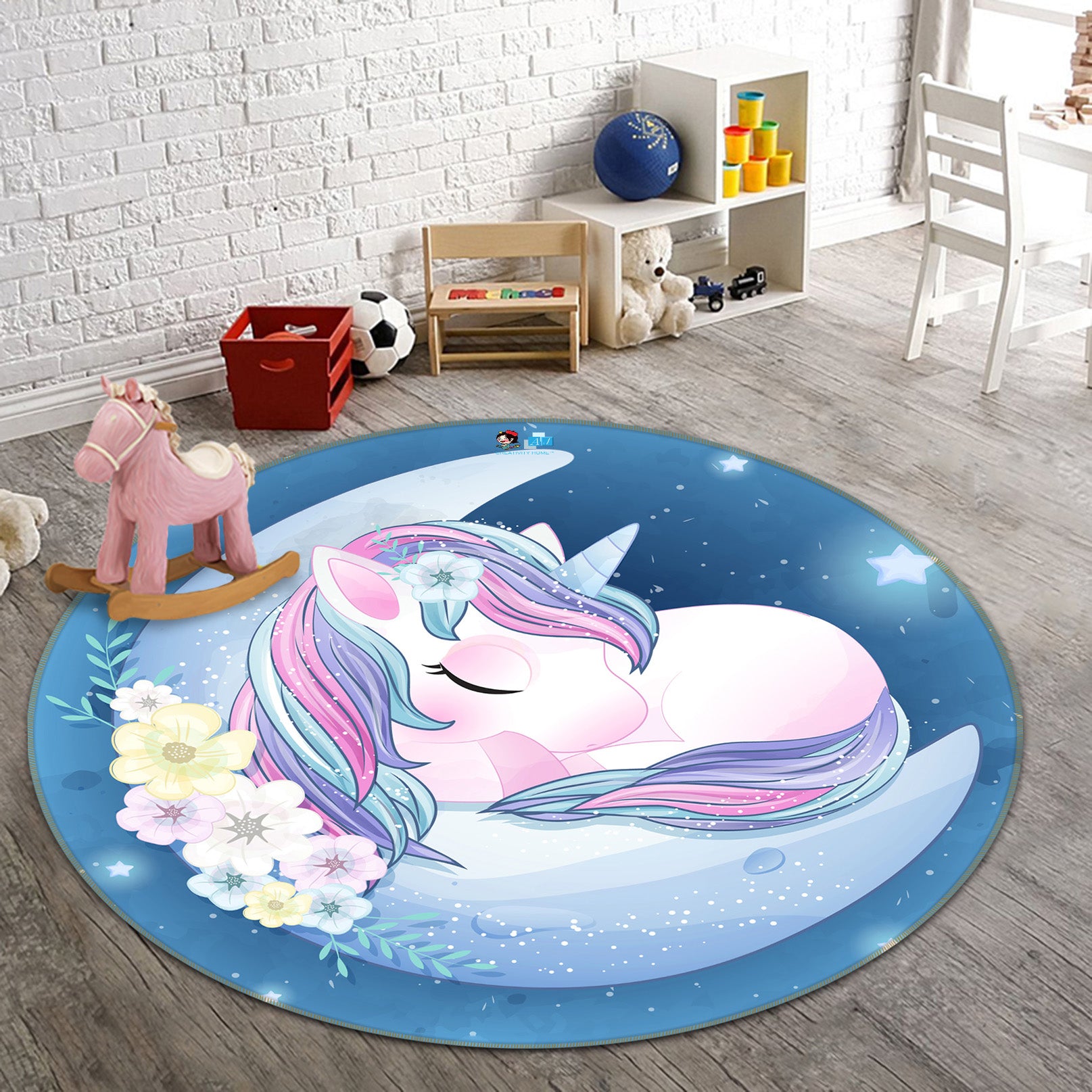 3D Moon Unicorn 75021 Round Non Slip Rug Mat