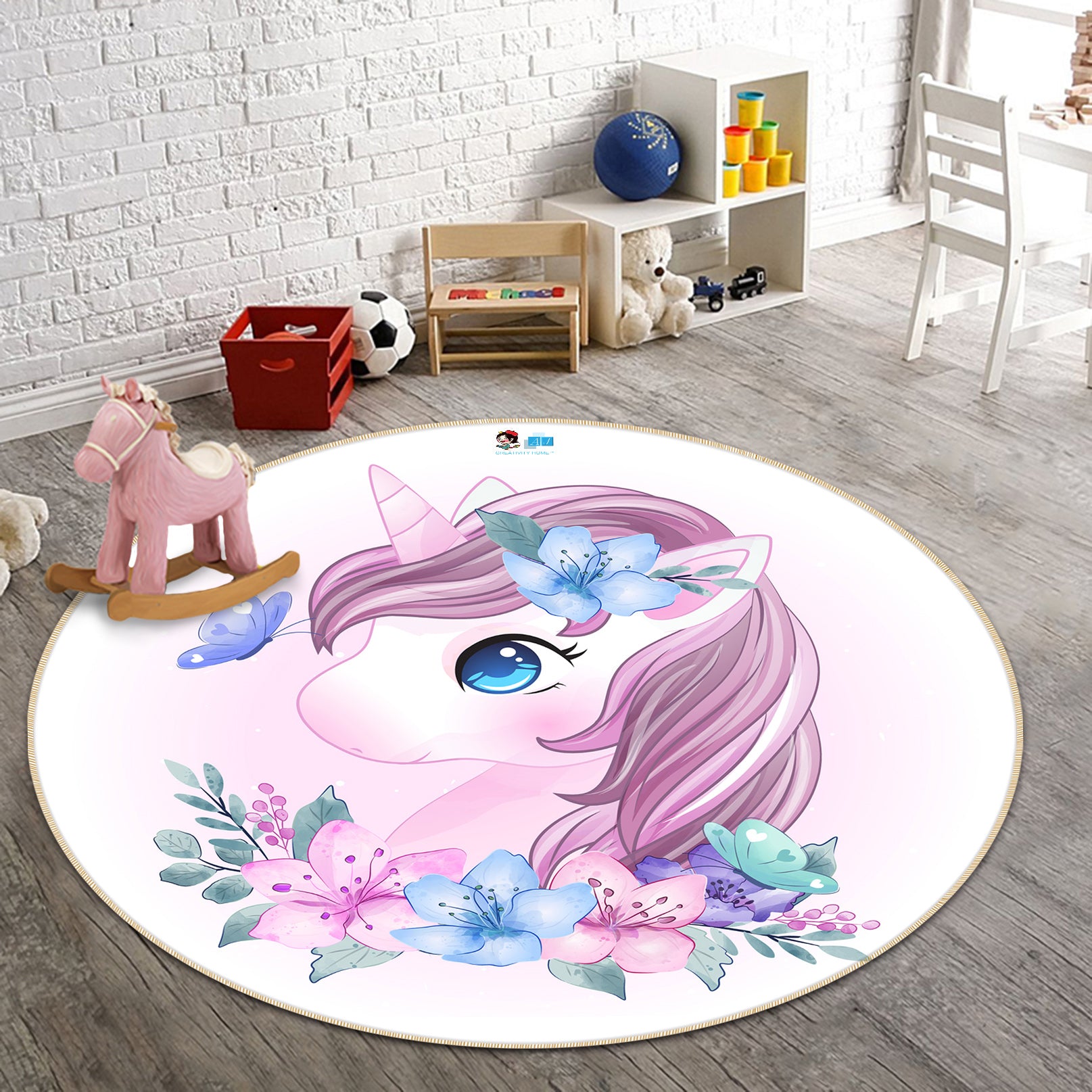 3D Flowers Unicorn 74229 Round Non Slip Rug Mat