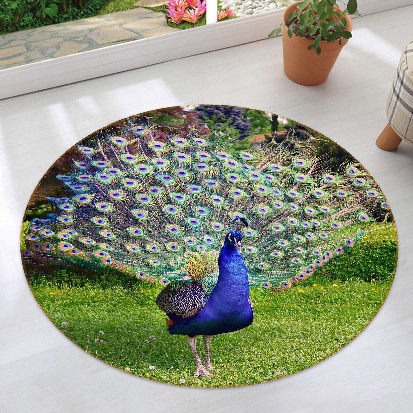 3D Peacock 37202 Animal Round Non Slip Rug Mat