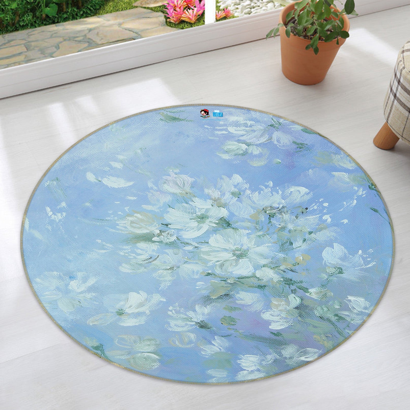 3D White Flower Bush 1118 Debi Coules Rug Round Non Slip Rug Mat