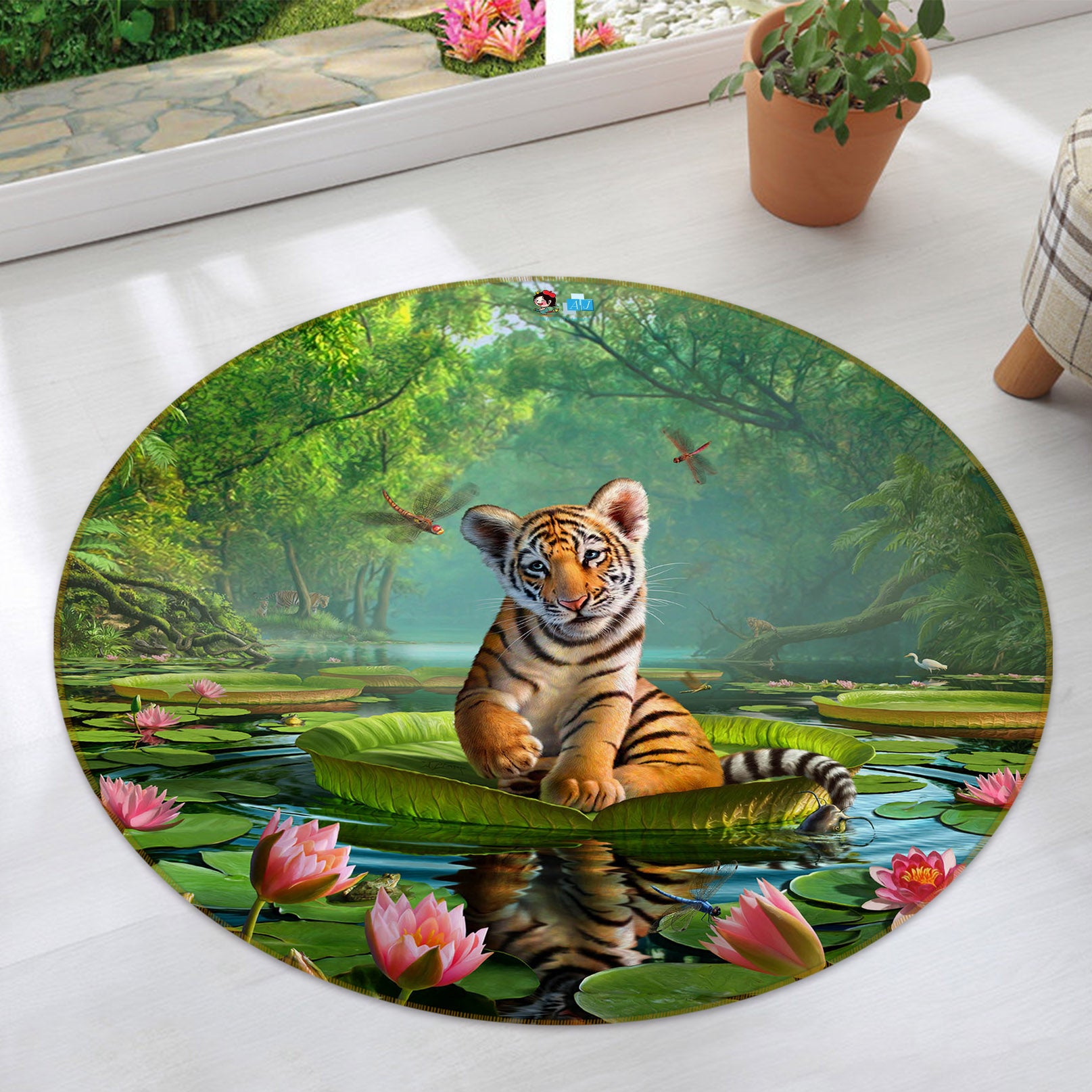 3D Little Tiger Lotus 83146 Jerry LoFaro Rug Round Non Slip Rug Mat