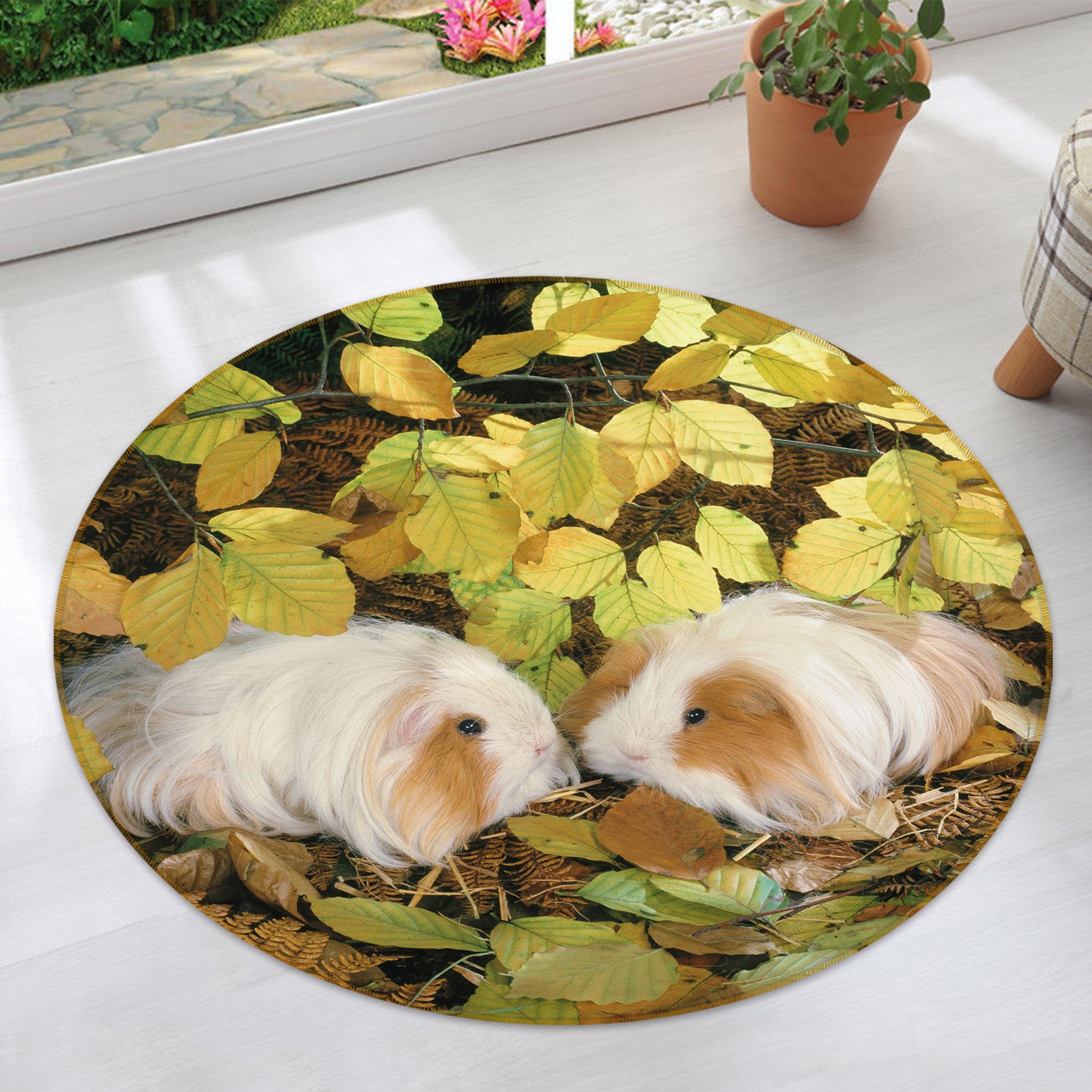 3D Guinea Pig Leaves 82009 Animal Round Non Slip Rug Mat