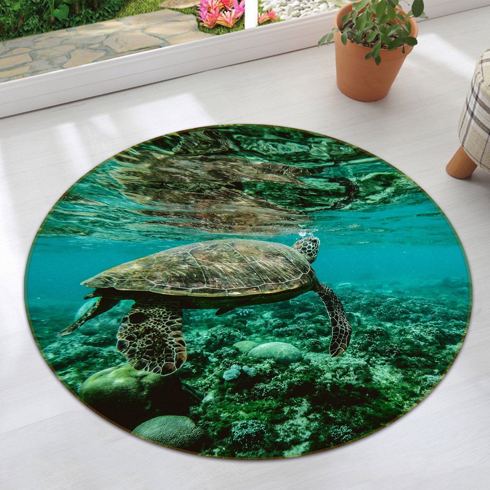 3D Underwater Turtle 38066 Animal Round Non Slip Rug Mat