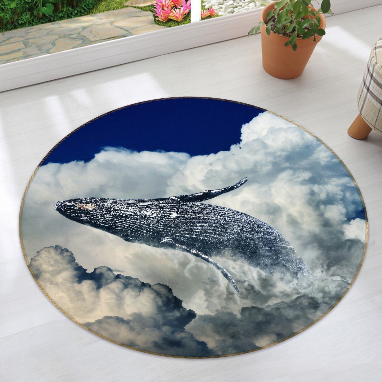 3D Sky Clouds Whale 82056 Animal Round Non Slip Rug Mat