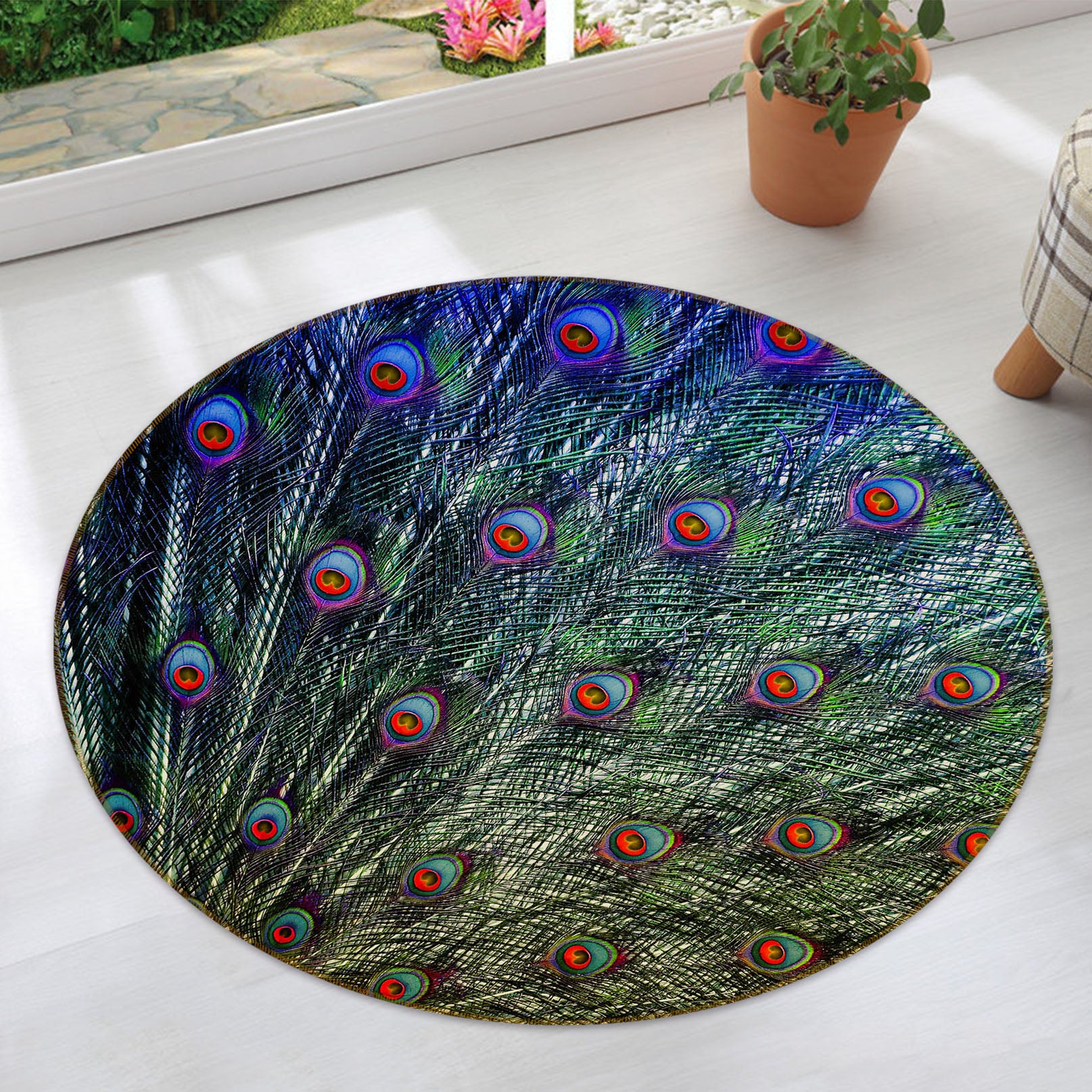 3D Peacock Feather 82039 Animal Round Non Slip Rug Mat