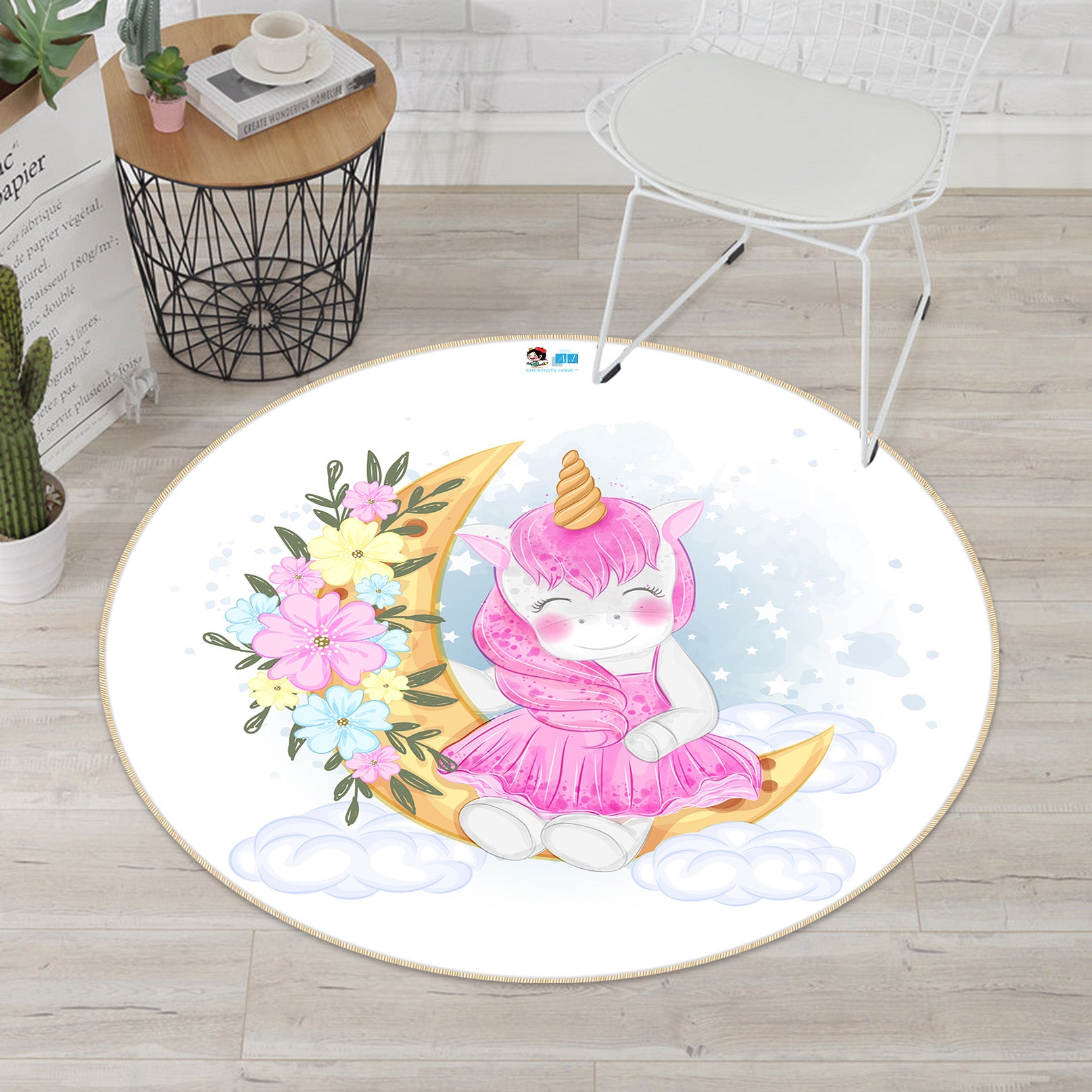 3D Moon Unicorn 74274 Round Non Slip Rug Mat