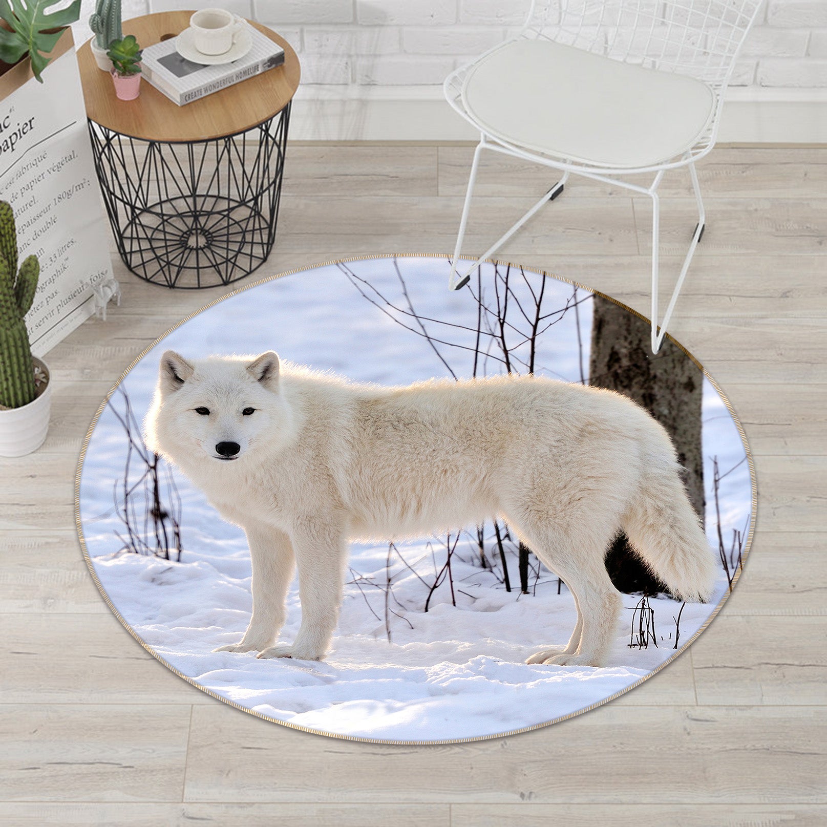 3D Snowfield White Wolf 38053 Animal Round Non Slip Rug Mat