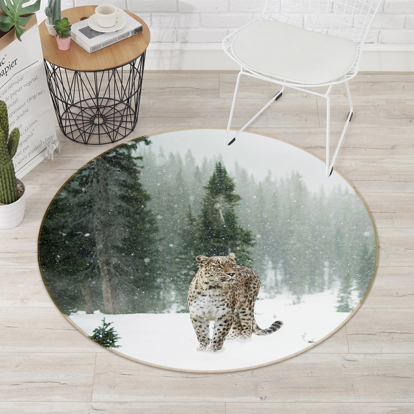 3D Snowfield Leopard 82040 Animal Round Non Slip Rug Mat