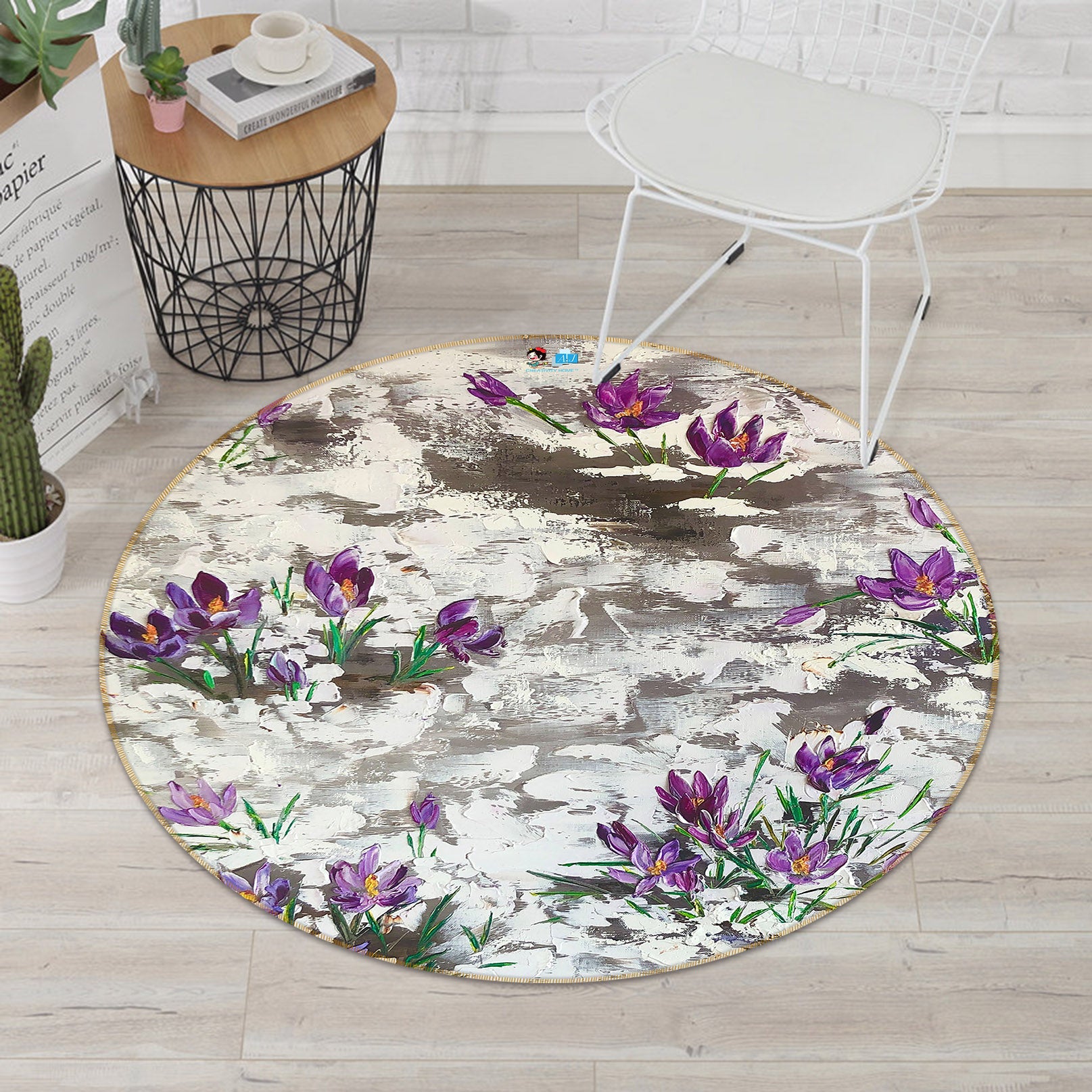 3D Purple Painted Flowers 823 Skromova Marina Rug Round Non Slip Rug Mat