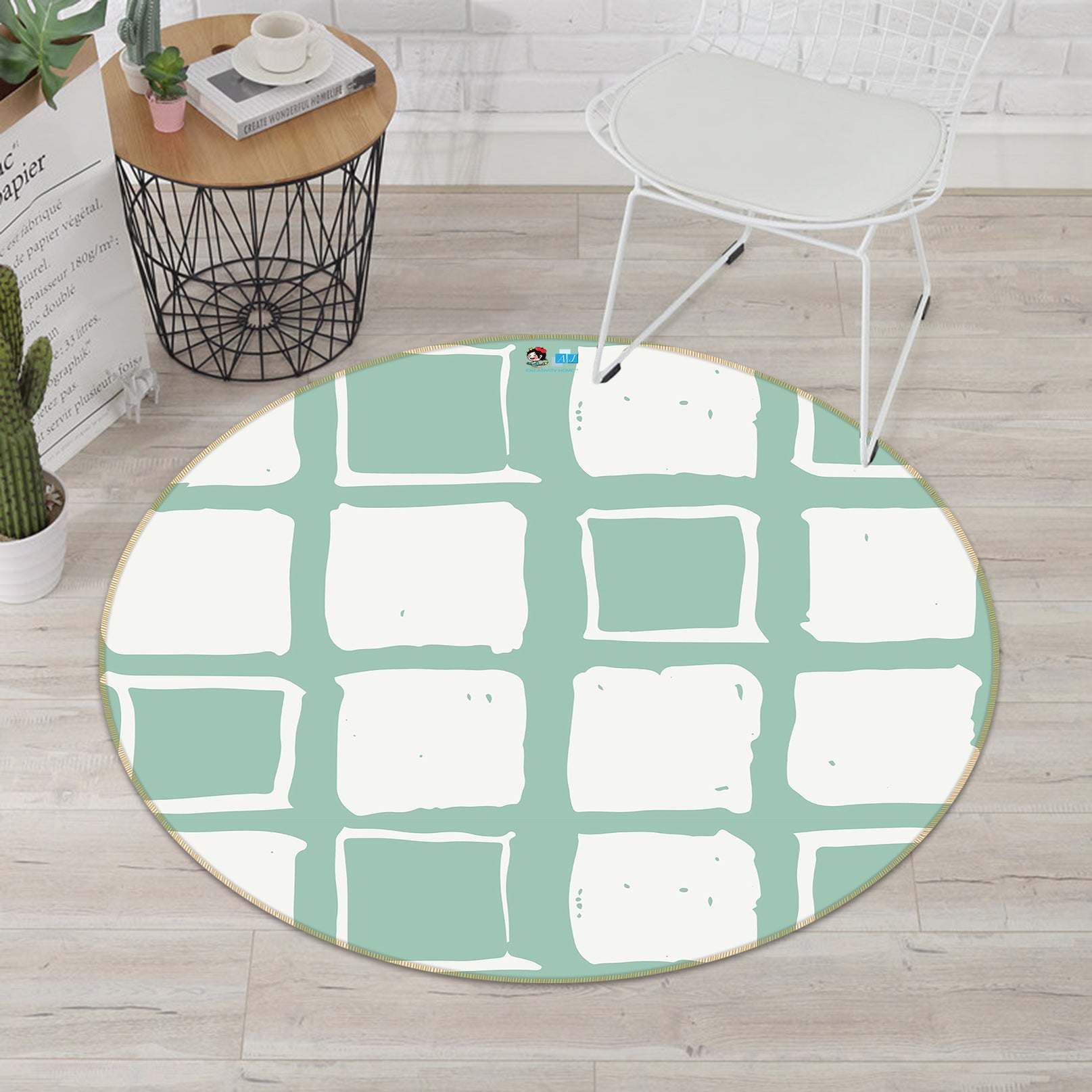 3D Green Square Pattern 104229 Kashmira Jayaprakash Rug Round Non Slip Rug Mat