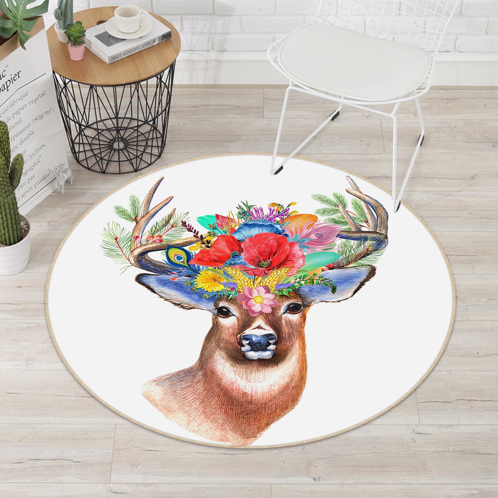 3D Deer Flowers 82049 Animal Round Non Slip Rug Mat