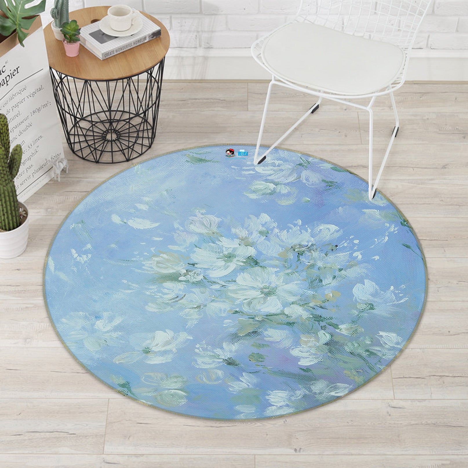 3D White Flower Bush 1118 Debi Coules Rug Round Non Slip Rug Mat