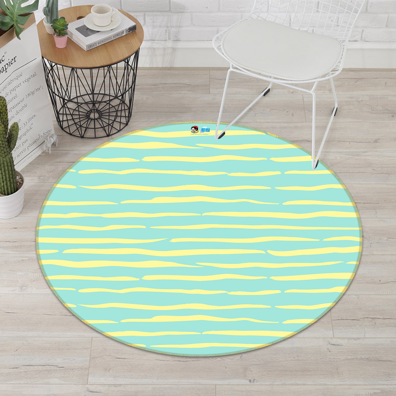 3D Green-Yellow Stripes 10556 Kashmira Jayaprakash Rug Round Non Slip Rug Mat