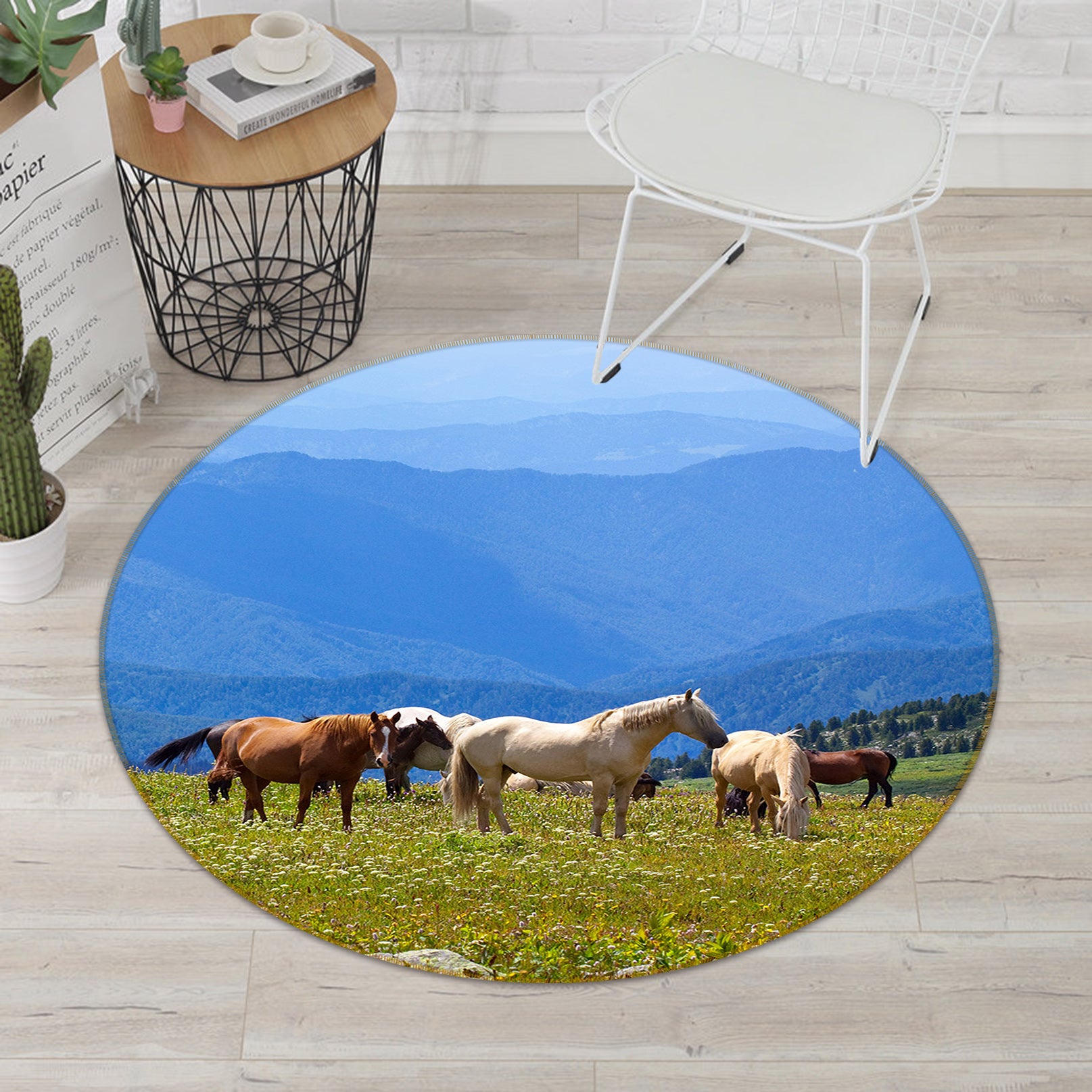 3D Horse Group Grass 82222 Animal Round Non Slip Rug Mat