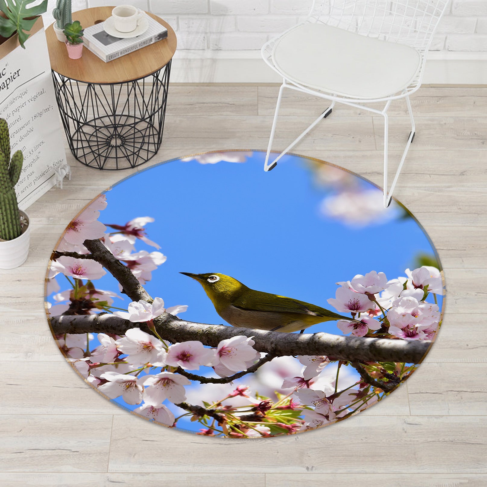 3D Flower Branch Bird 81270 Animal Round Non Slip Rug Mat