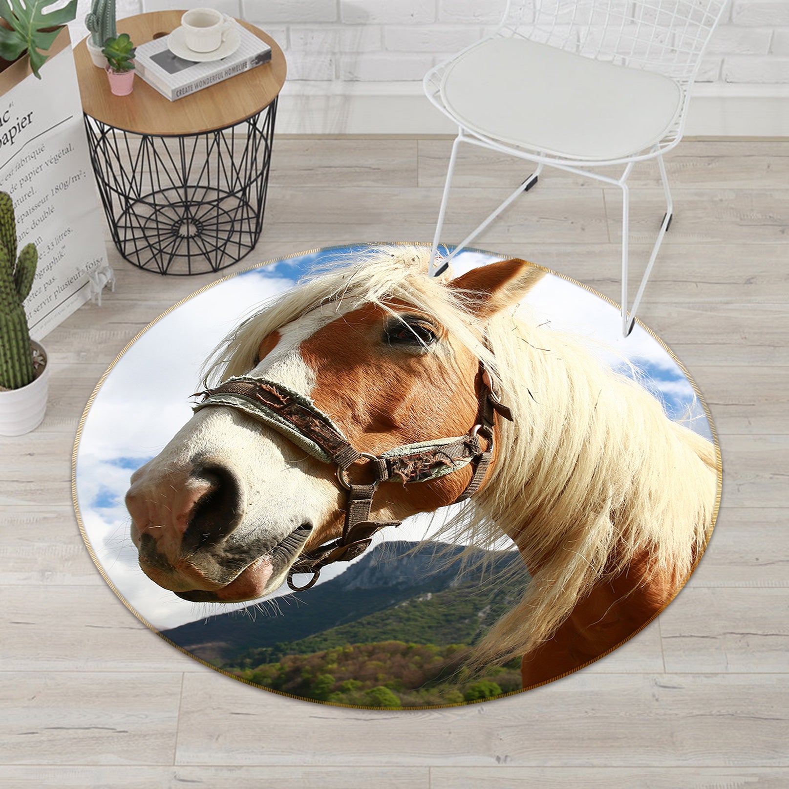 3D White Horse 82239 Animal Round Non Slip Rug Mat