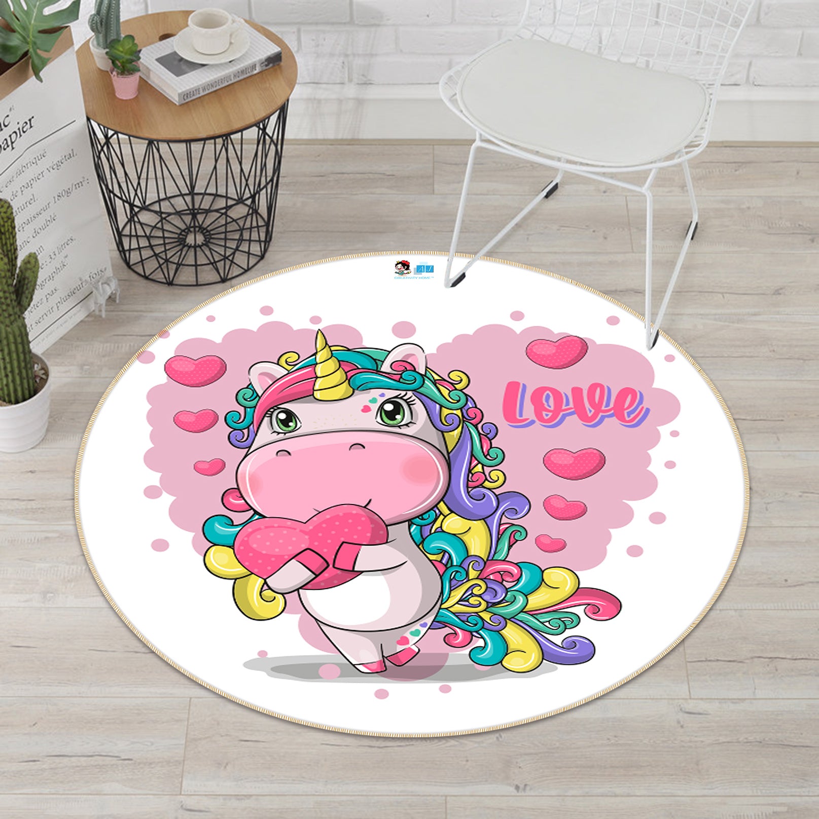 3D Pink Heart Unicorn 74289 Round Non Slip Rug Mat