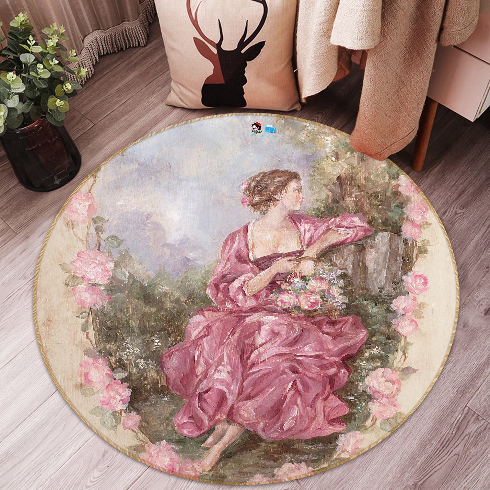 3D Garden Girl 1154 Debi Coules Rug Round Non Slip Rug Mat