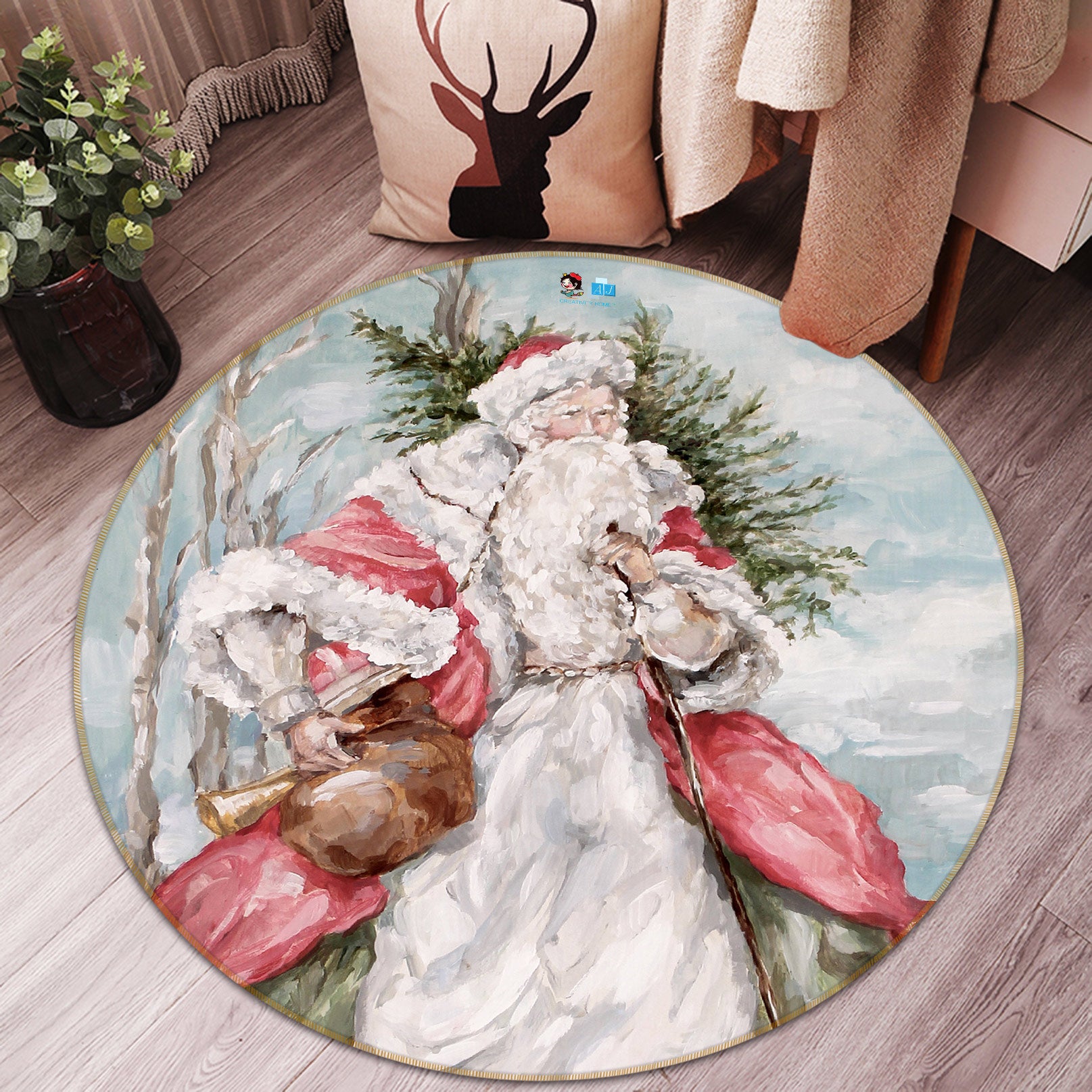 3D Santa Claus 1135 Debi Coules Rug Round Non Slip Rug Mat