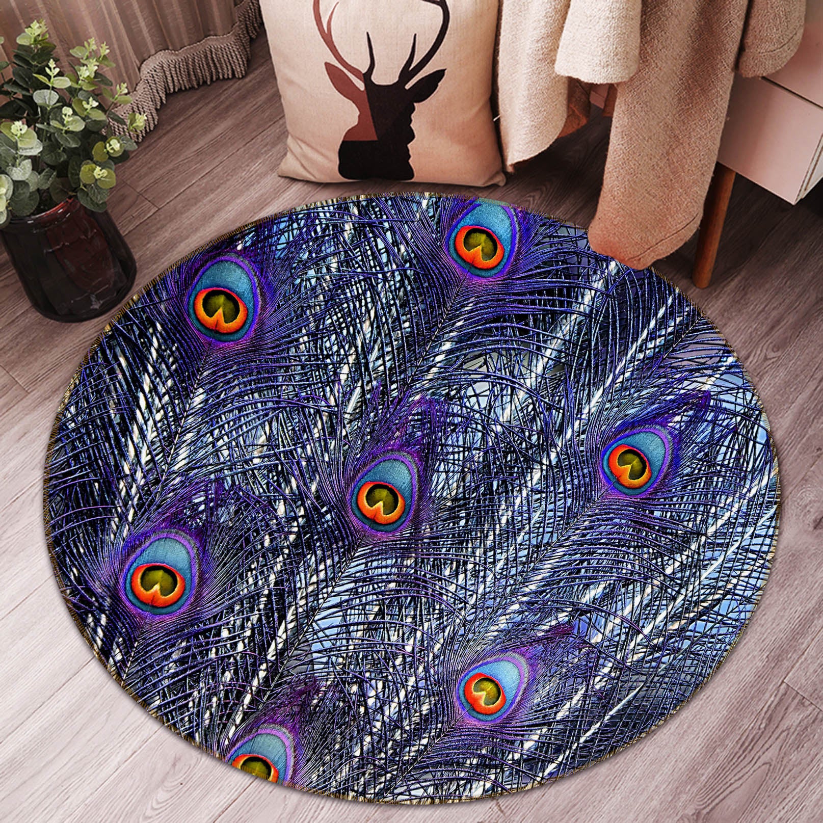 3D Peacock Feather 82038 Animal Round Non Slip Rug Mat