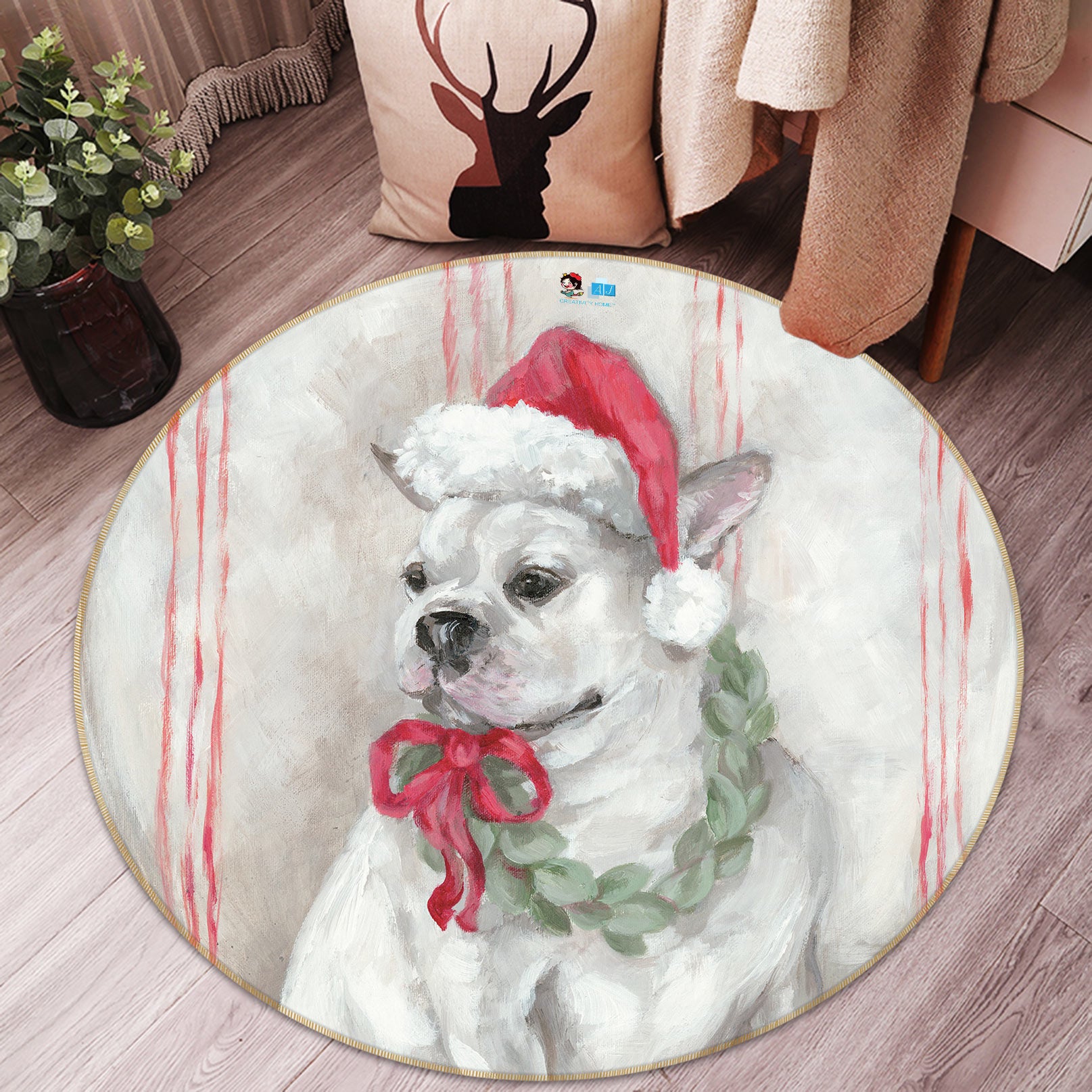 3D Santa Hat Dog 1160 Debi Coules Rug Round Non Slip Rug Mat