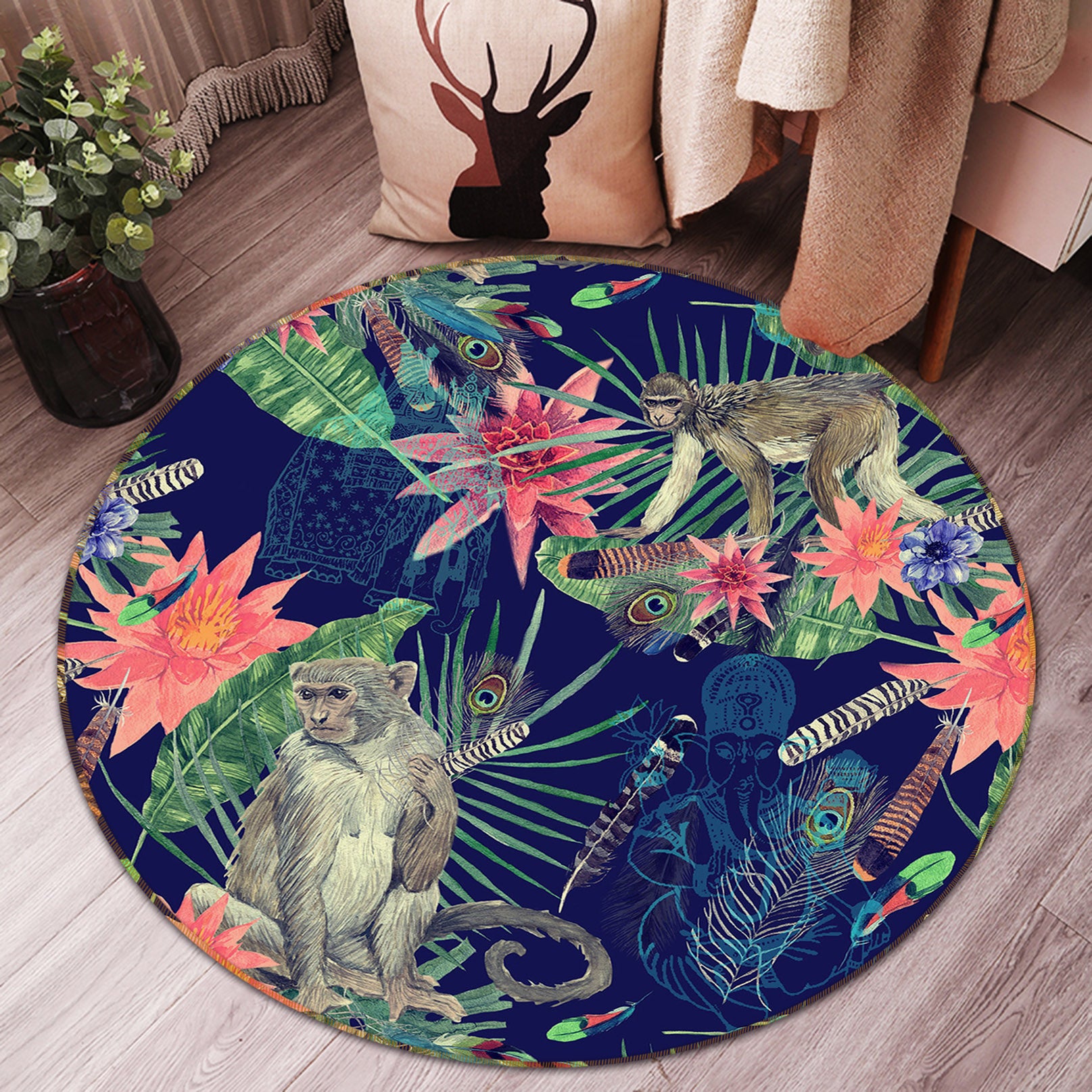 3D Monkey Flower 37196 Animal Round Non Slip Rug Mat