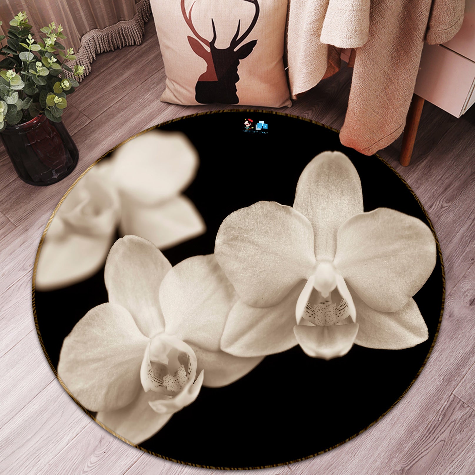 3D White Flower 7504 Assaf Frank Rug Round Non Slip Rug Mat