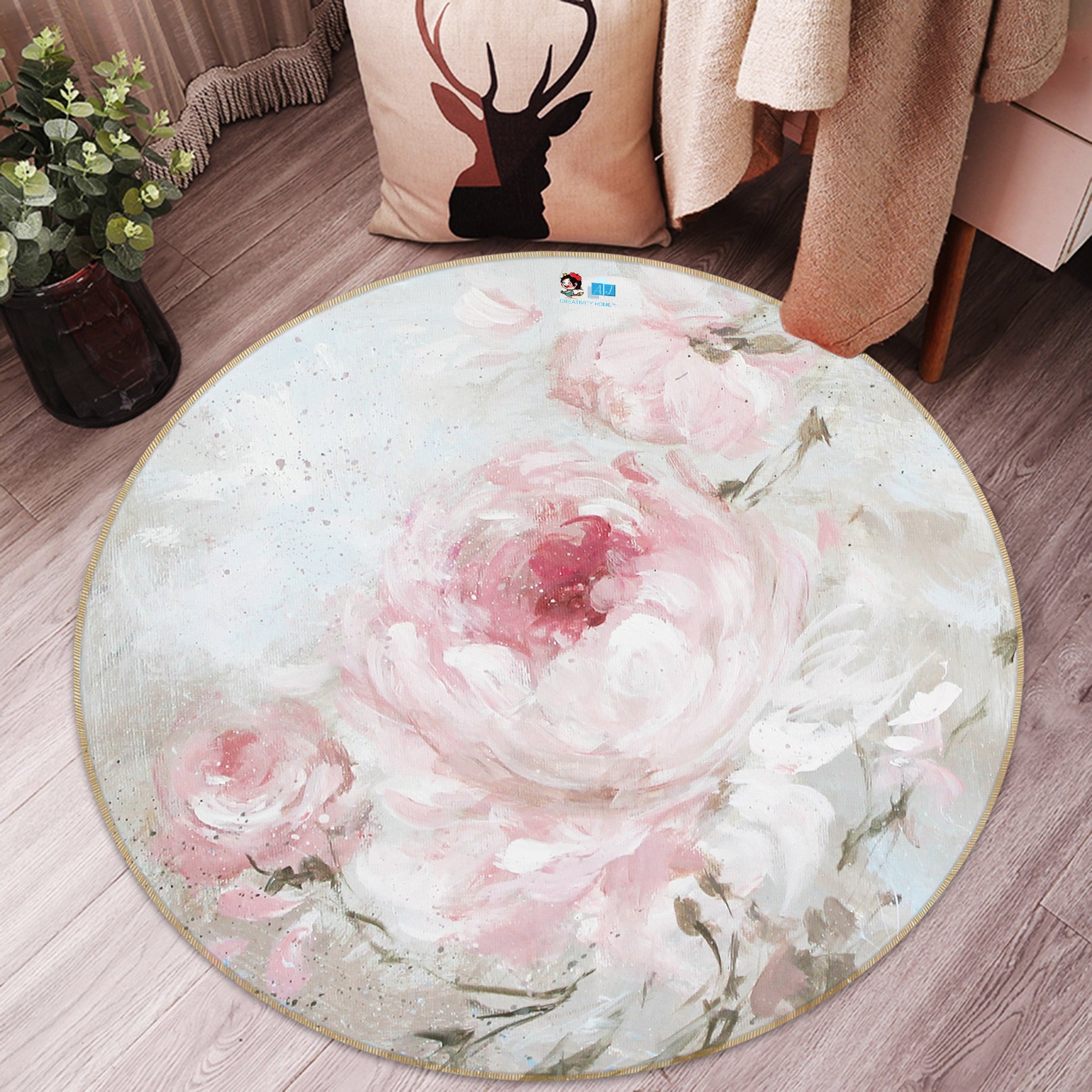 3D Light Pink Flowers 1141 Debi Coules Rug Round Non Slip Rug Mat