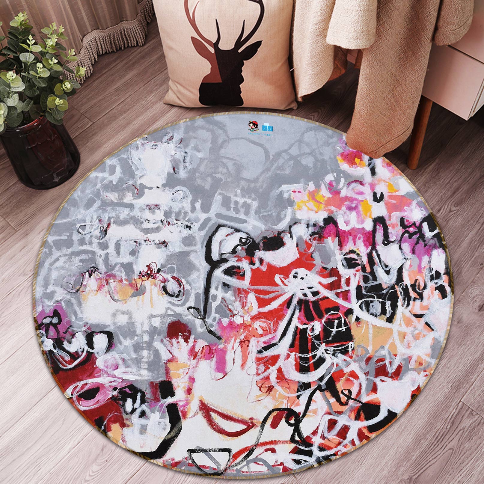 3D Grey Graffiti 1382 Misako Chida Rug Round Non Slip Rug Mat