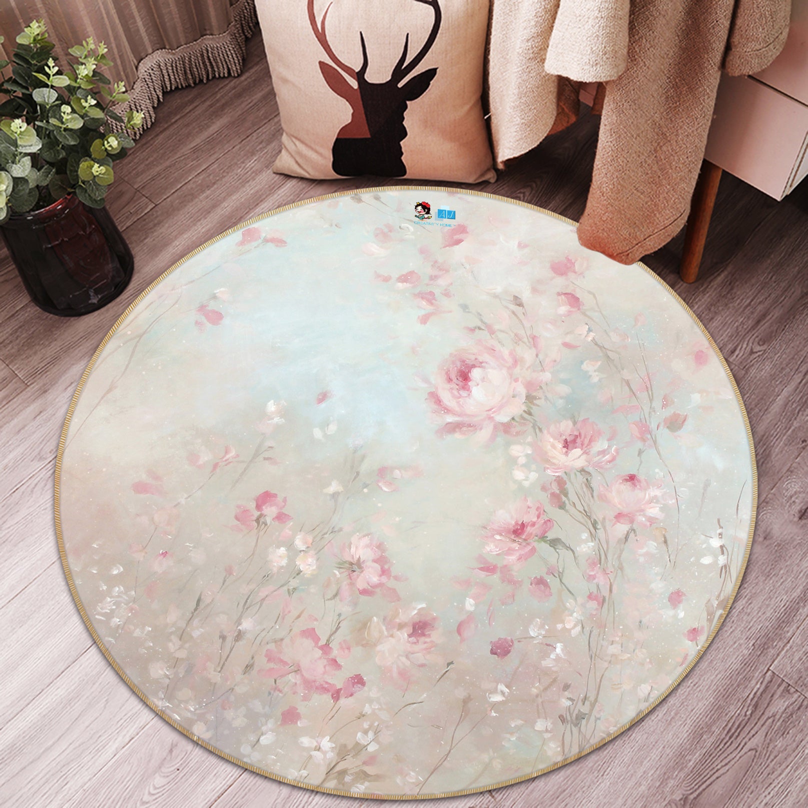 3D Pink Rose Bush 1155 Debi Coules Rug Round Non Slip Rug Mat