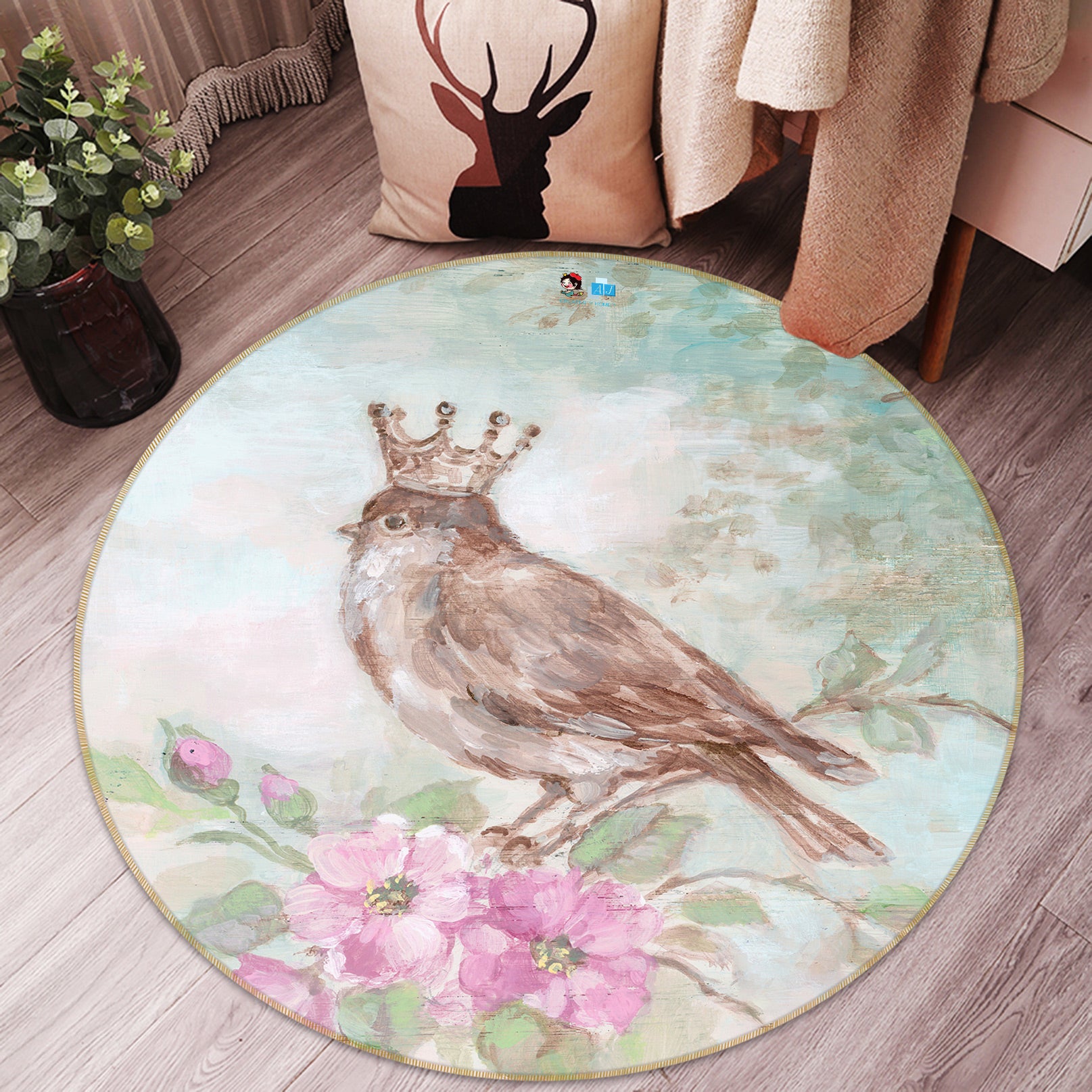 3D Crown Bird Flower Branch 1157 Debi Coules Rug Round Non Slip Rug Mat