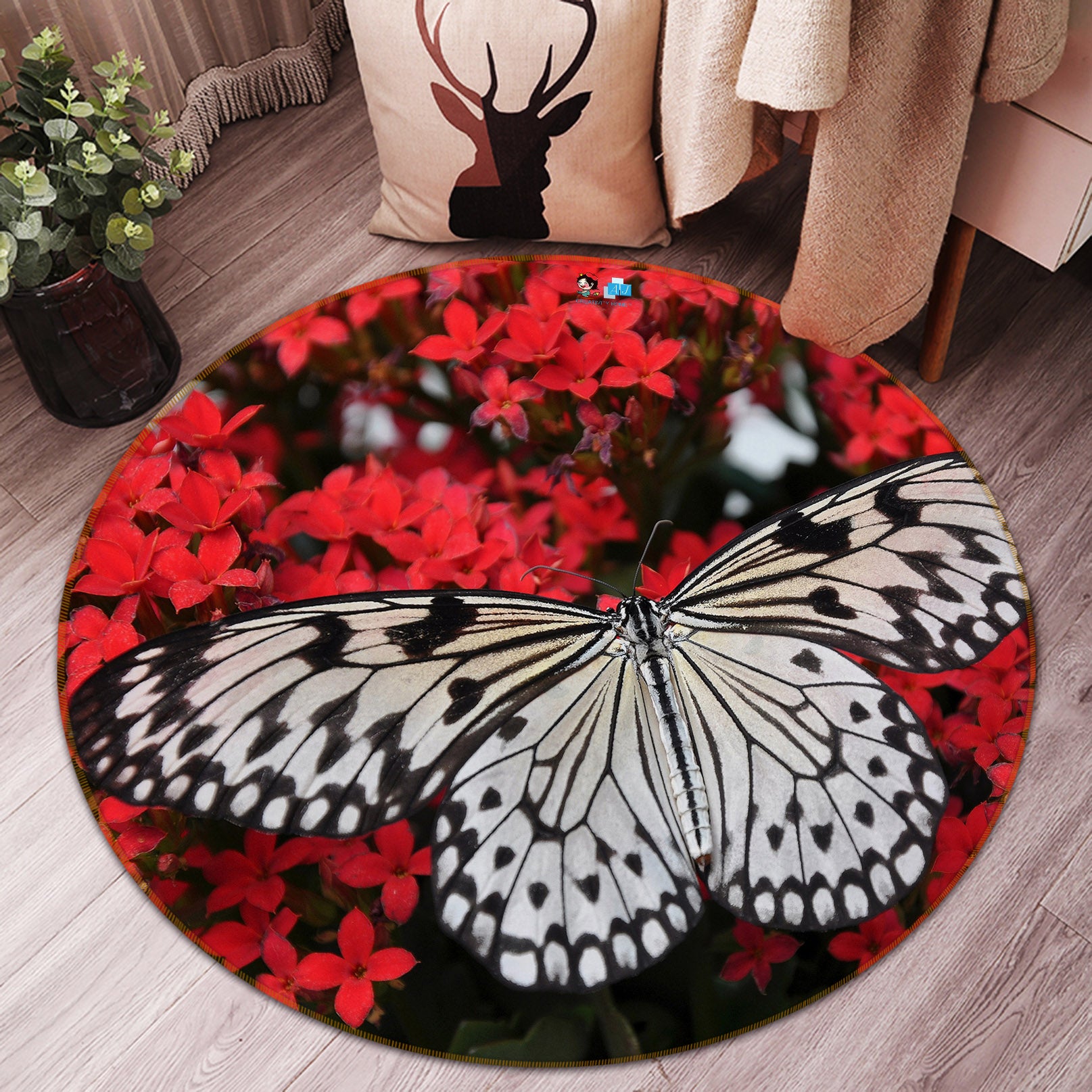 3D Butterfly 81281 Animal Round Non Slip Rug Mat