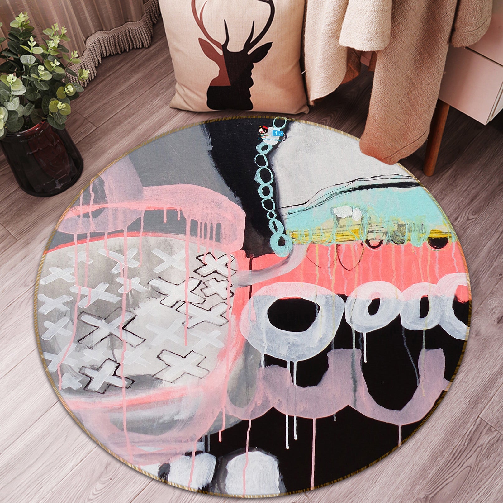 3D Cartoon Doodle 1301 Misako Chida Rug Round Non Slip Rug Mat