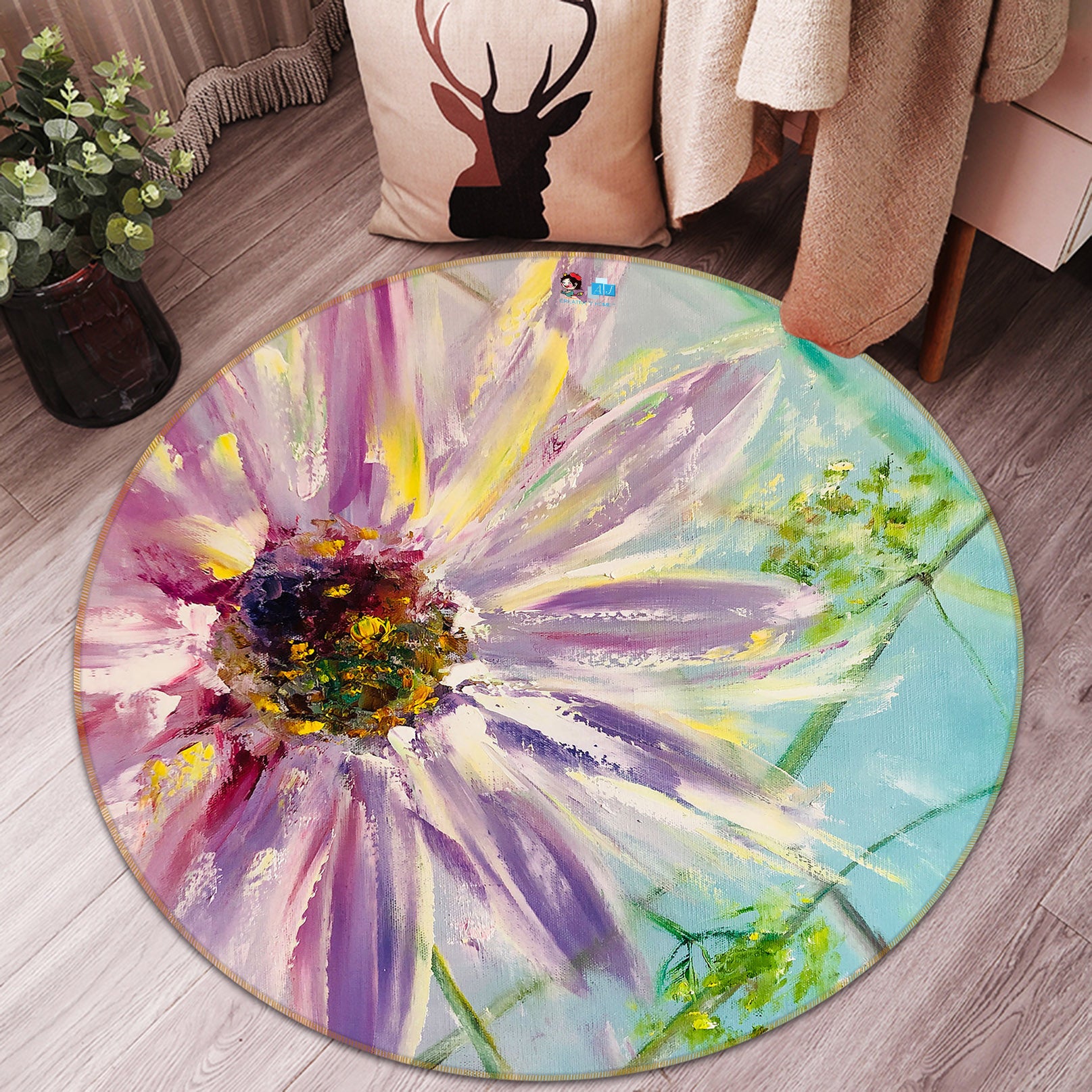 3D Purple Daisy Petals 843 Skromova Marina Rug Round Non Slip Rug Mat