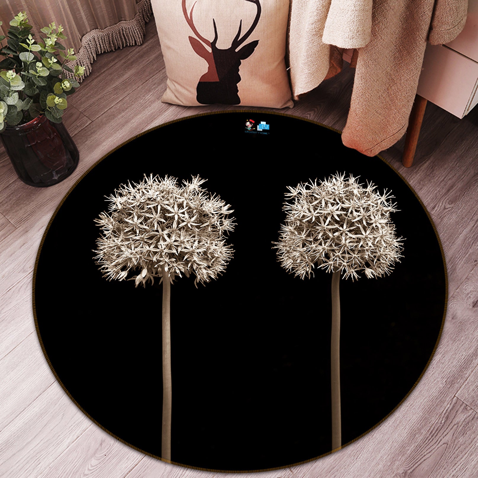 3D Dandelion Black 7602 Assaf Frank Rug Round Non Slip Rug Mat